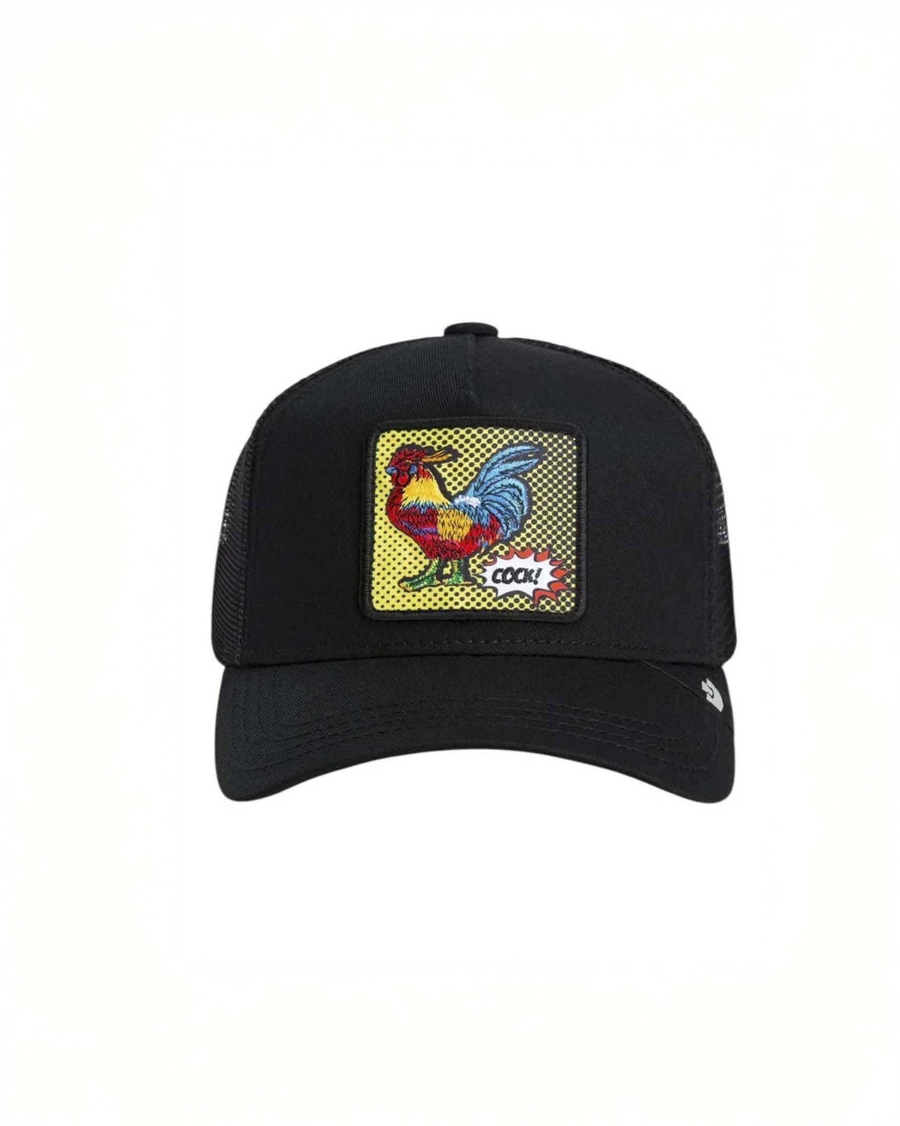 Berretto trucker nero con patch popart gallo