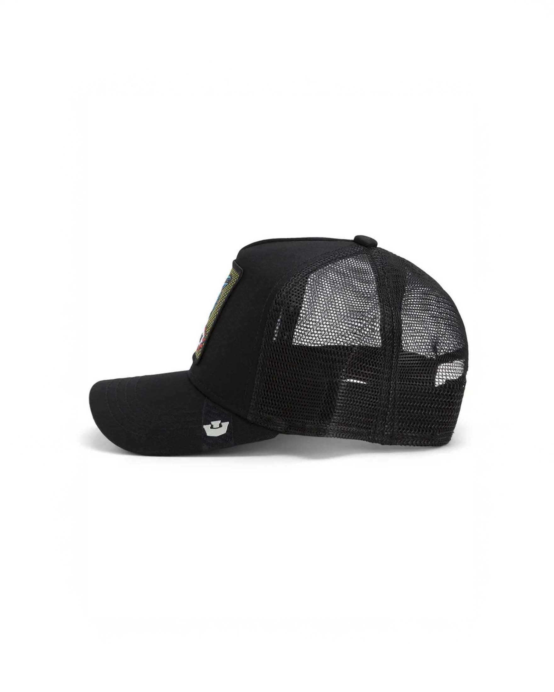 Berretto trucker Goorin Bros nero con patch popart gallo