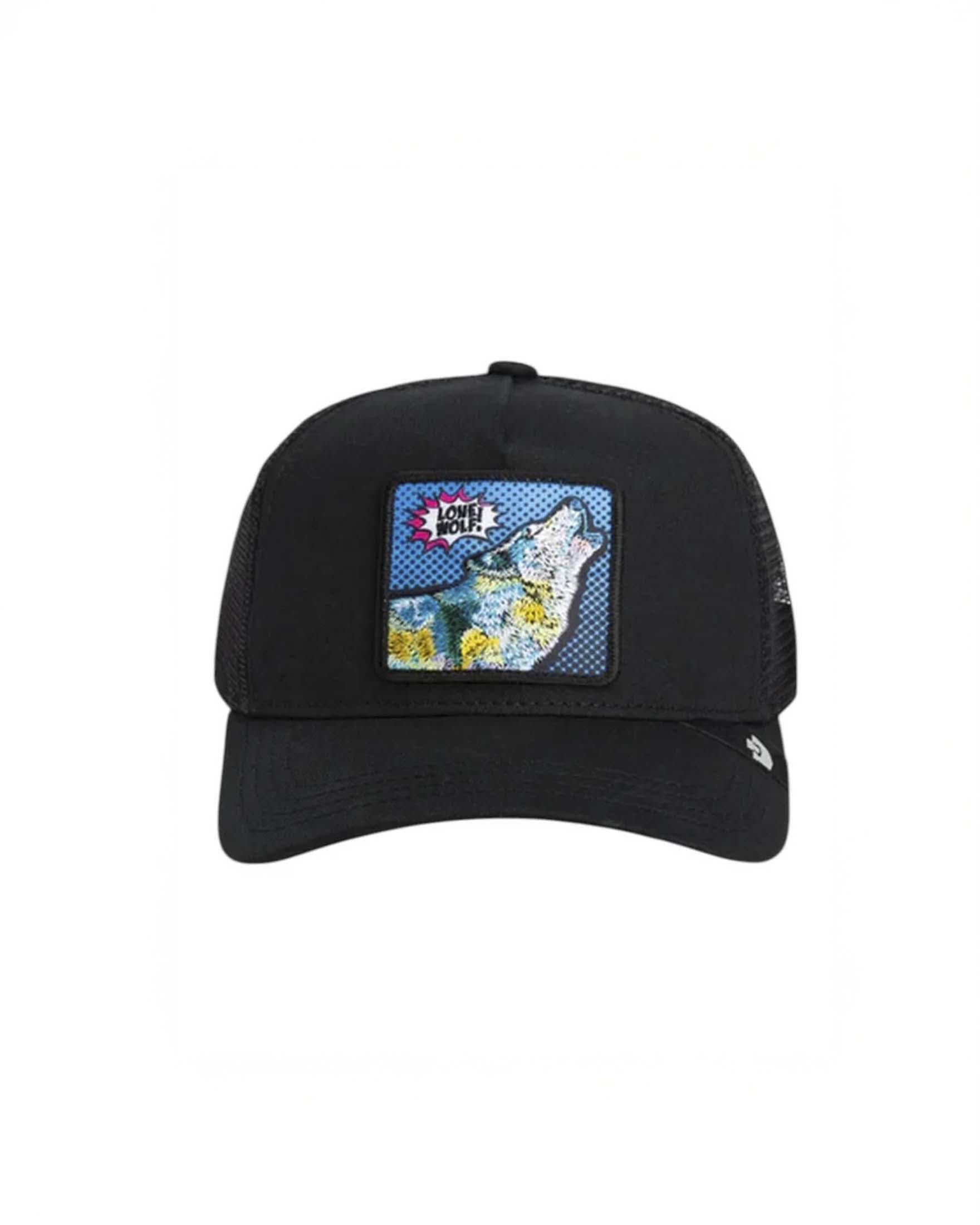 Berretto trucker nero con patch popart lone wolf