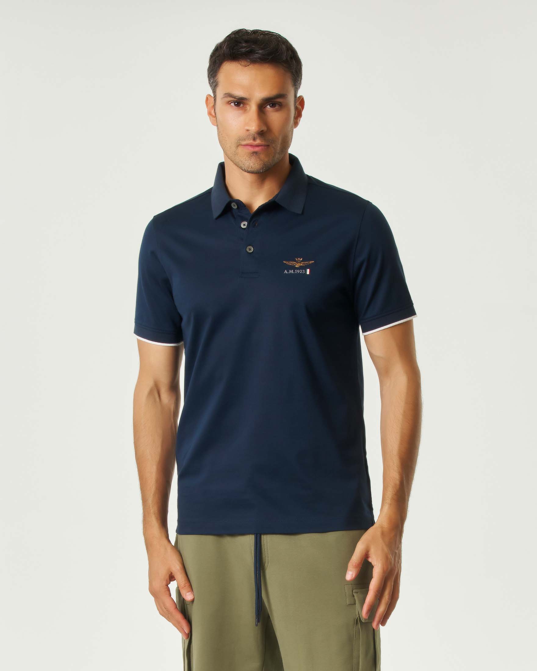 Polo blu in puro cotone mercerizzato con aquila turrita e bordino sulla manica