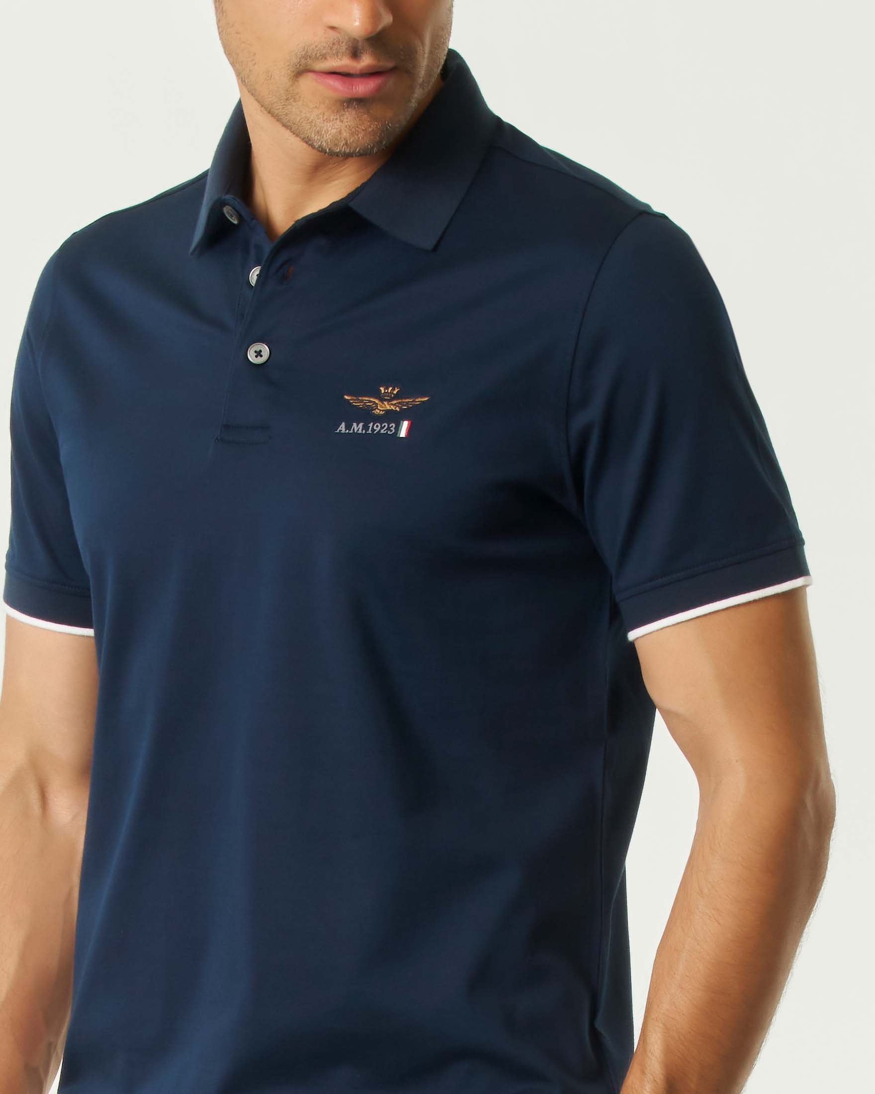 Polo Aeronautica Militare blu in puro cotone mercerizzato con aquila turrita e bordino sulla manica