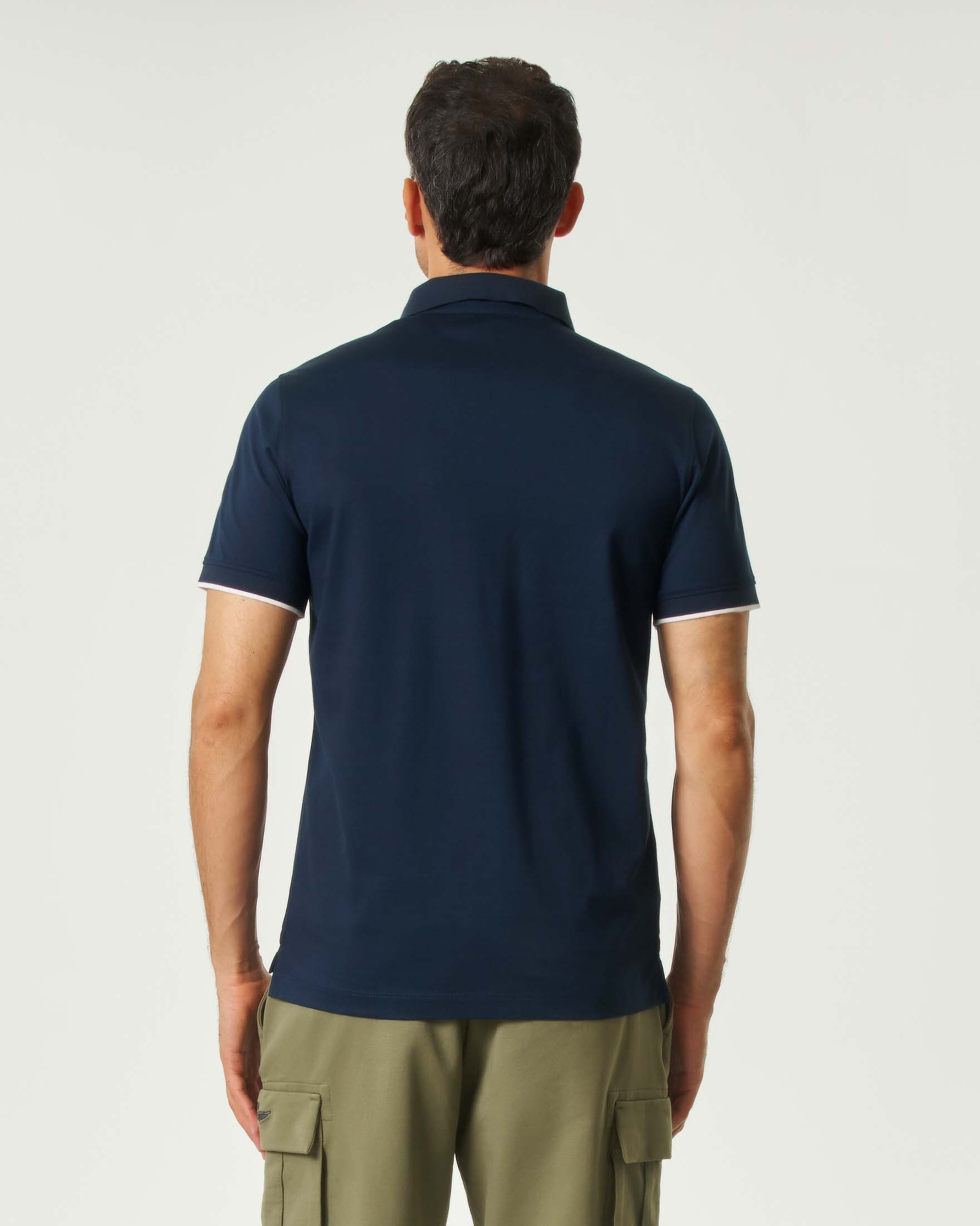 Polo Aeronautica Militare blu in puro cotone mercerizzato con aquila turrita e bordino sulla manica