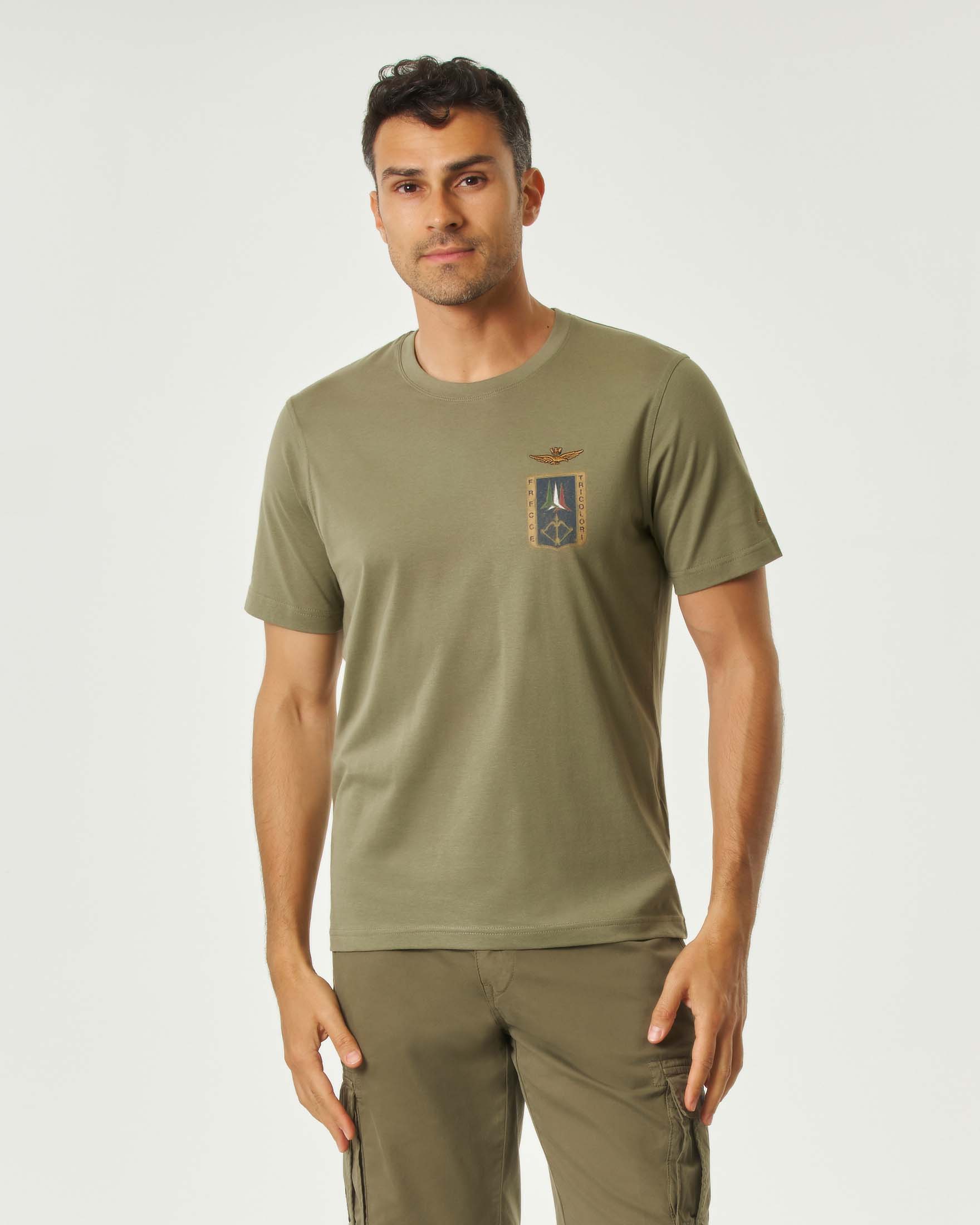 T-shirt verde militare mezza manica con stampa scudetto Frecce Tricolore