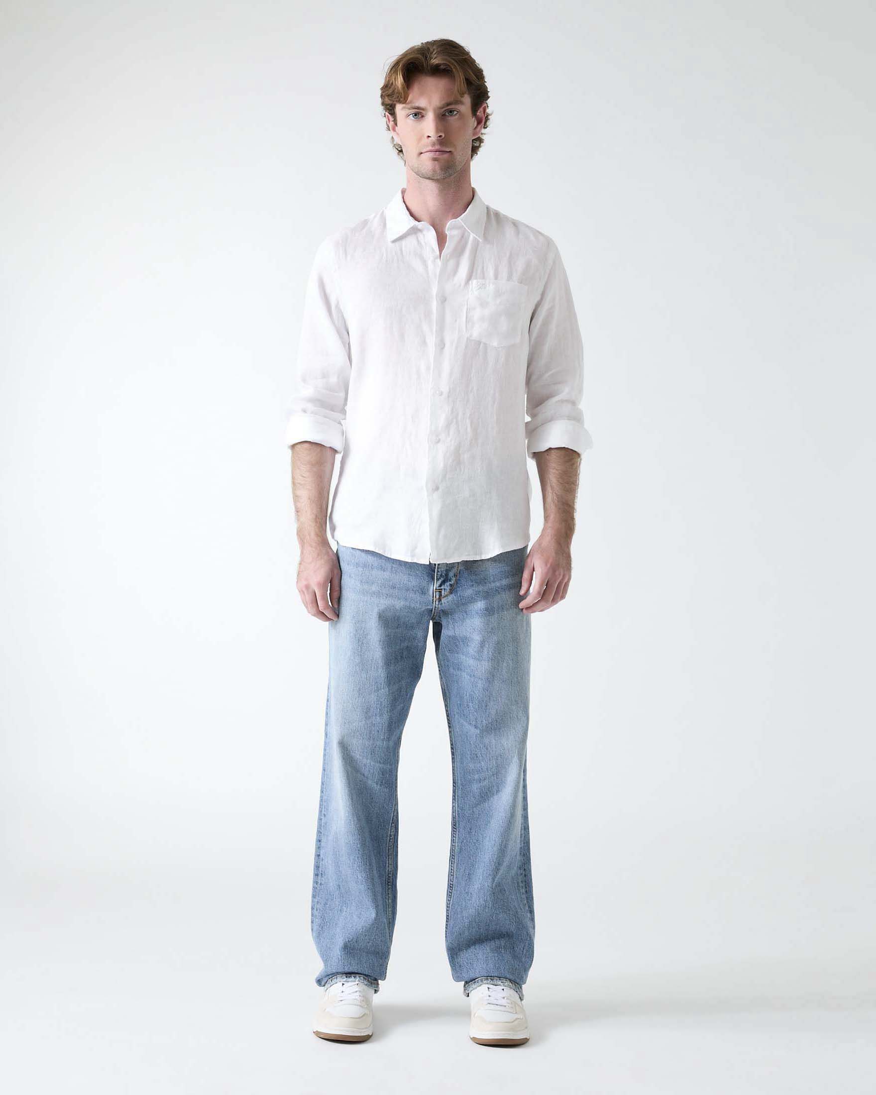 Camicia bianca in puro lino con taschino al petto