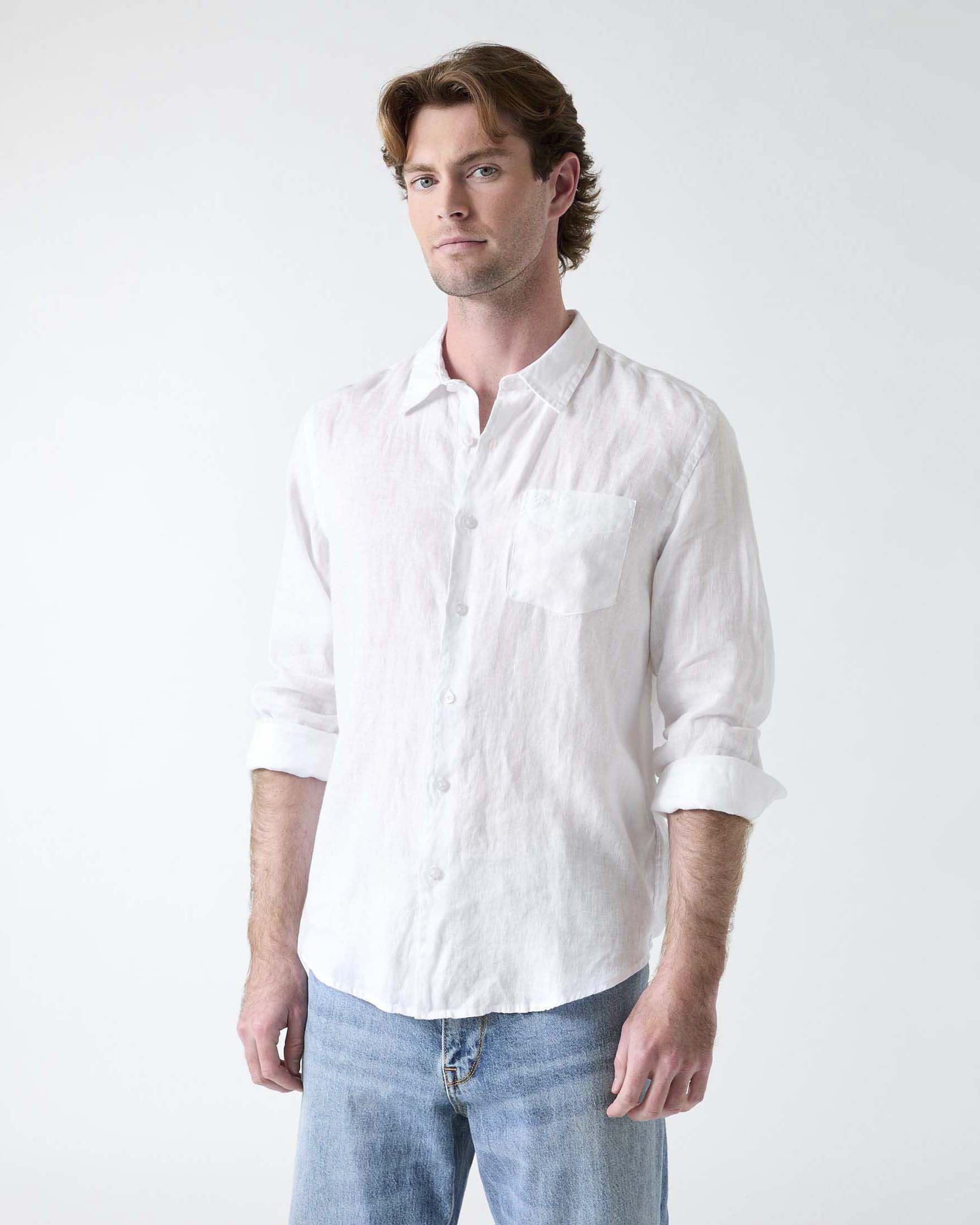 Camicia Guess bianca in puro lino con taschino al petto