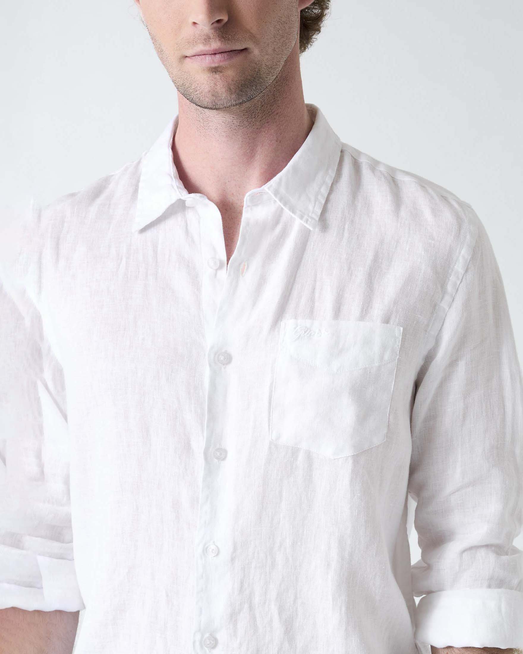 Camicia Guess bianca in puro lino con taschino al petto