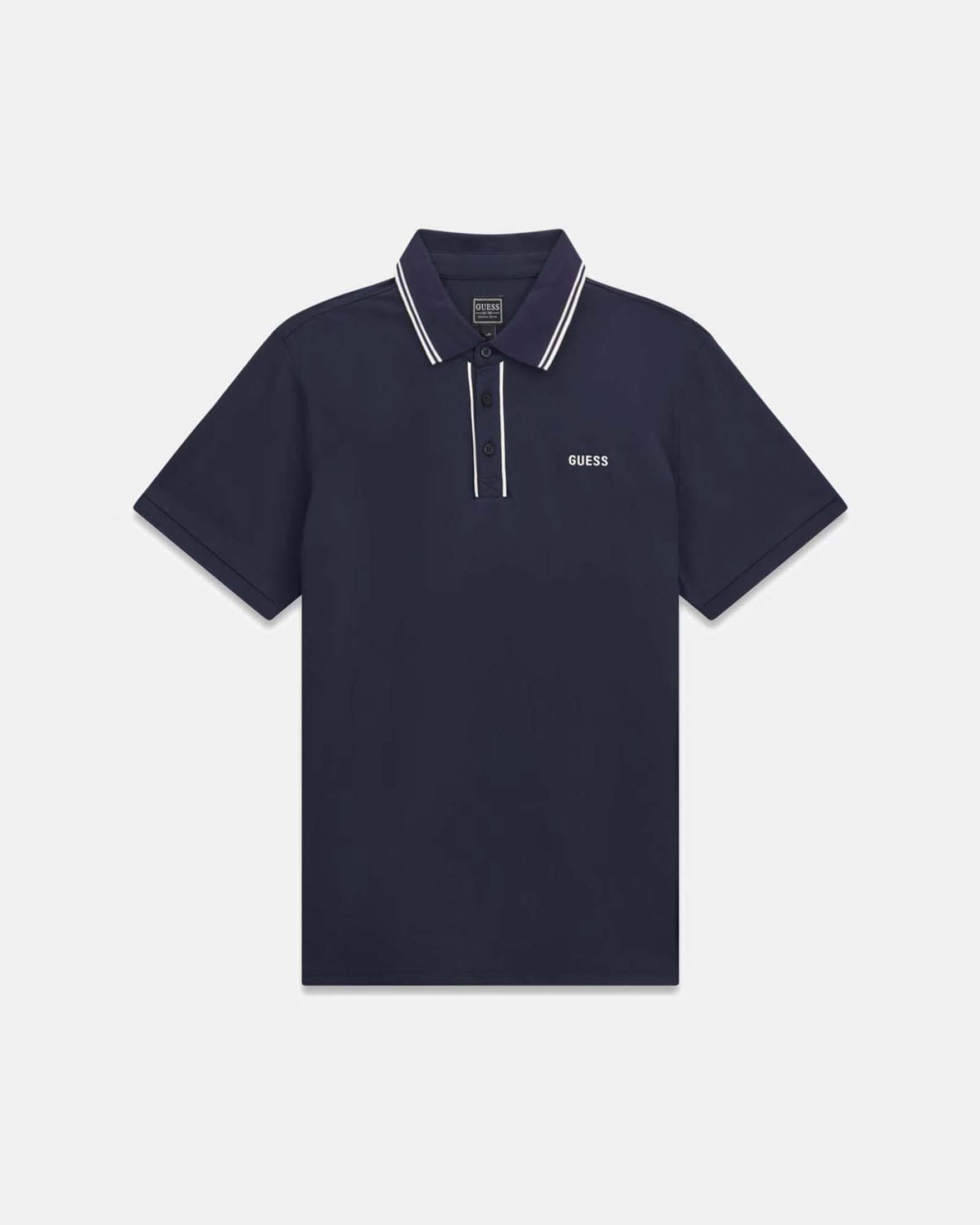 Polo Guess blu in misto cotone stretch con logo ricamato e bordino a contrasto
