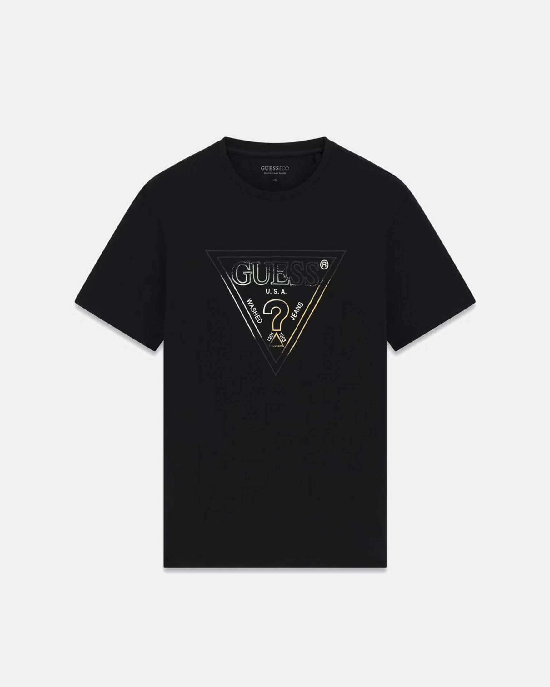 T-shirt mezza manica Guess nera in cotone stretch con stampa logo triangolare