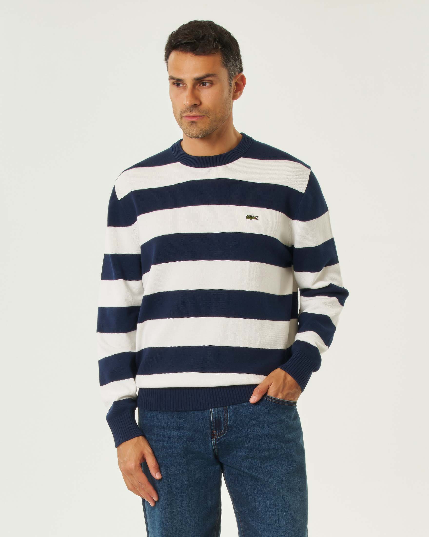Maglia girocollo in cotone a righe bianche e blu