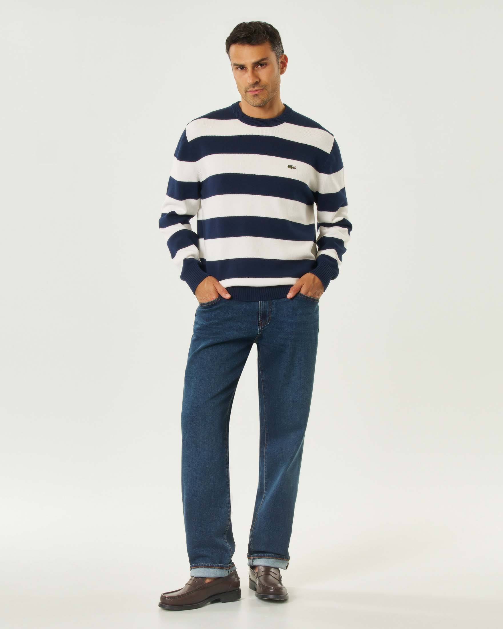 Maglia Lacoste girocollo in cotone a righe bianche e blu
