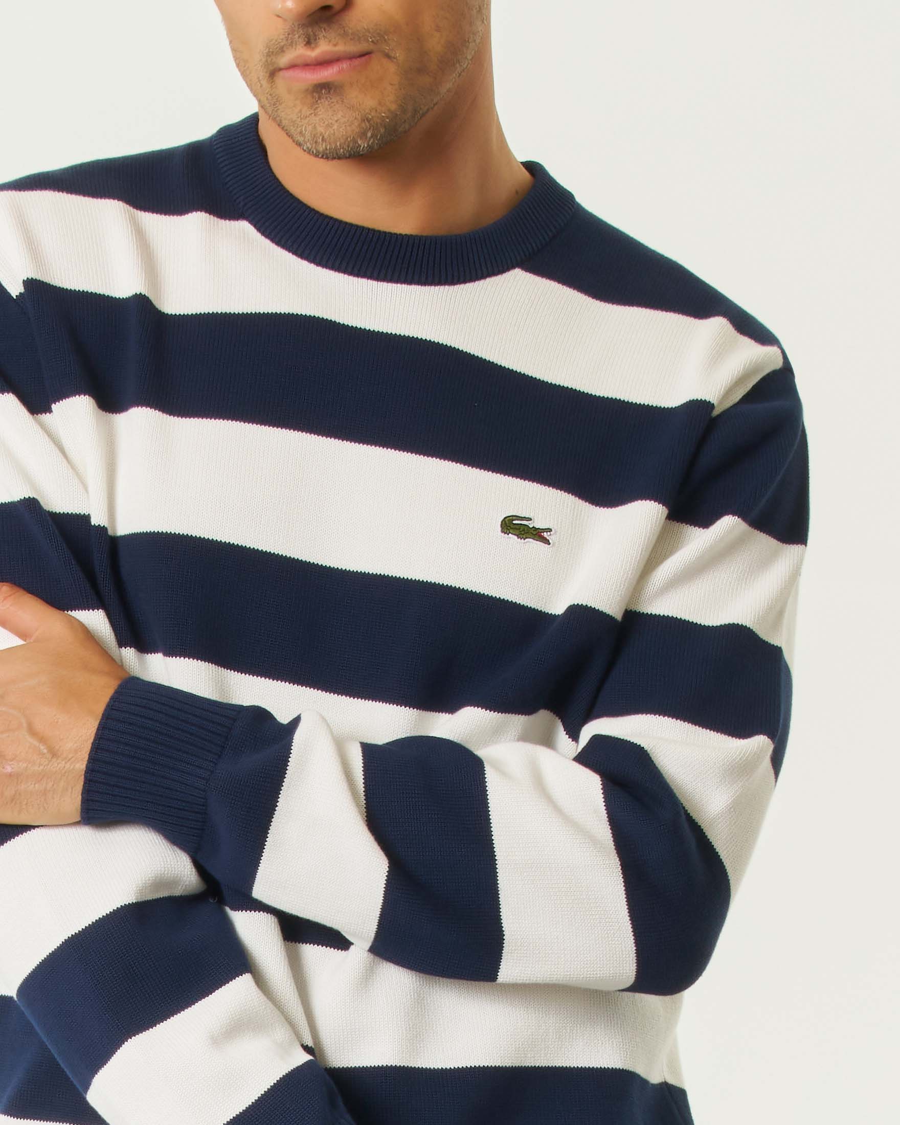 Maglia Lacoste girocollo in cotone a righe bianche e blu
