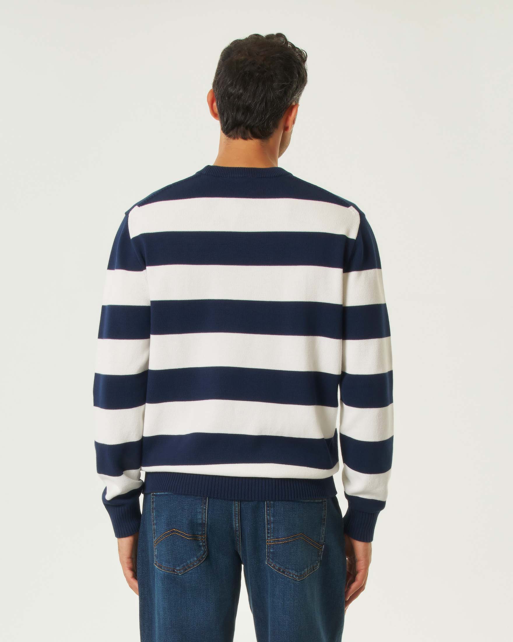 Maglia Lacoste girocollo in cotone a righe bianche e blu