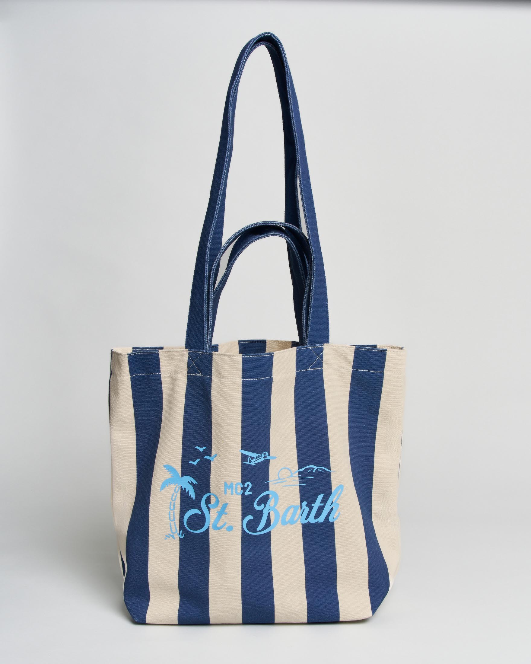 Shopping bag Tote Essential Beach a righe panna e blu in cotone