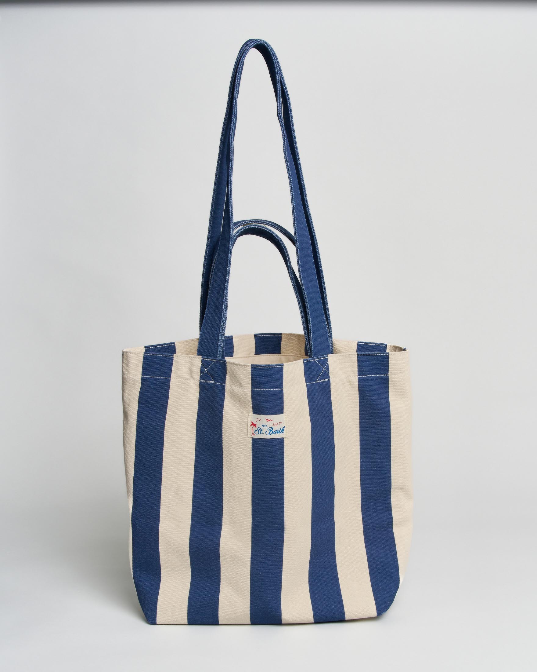 Shopping bag Tote Essential Beach MC2 Saint Barth a righe panna e blu in cotone
