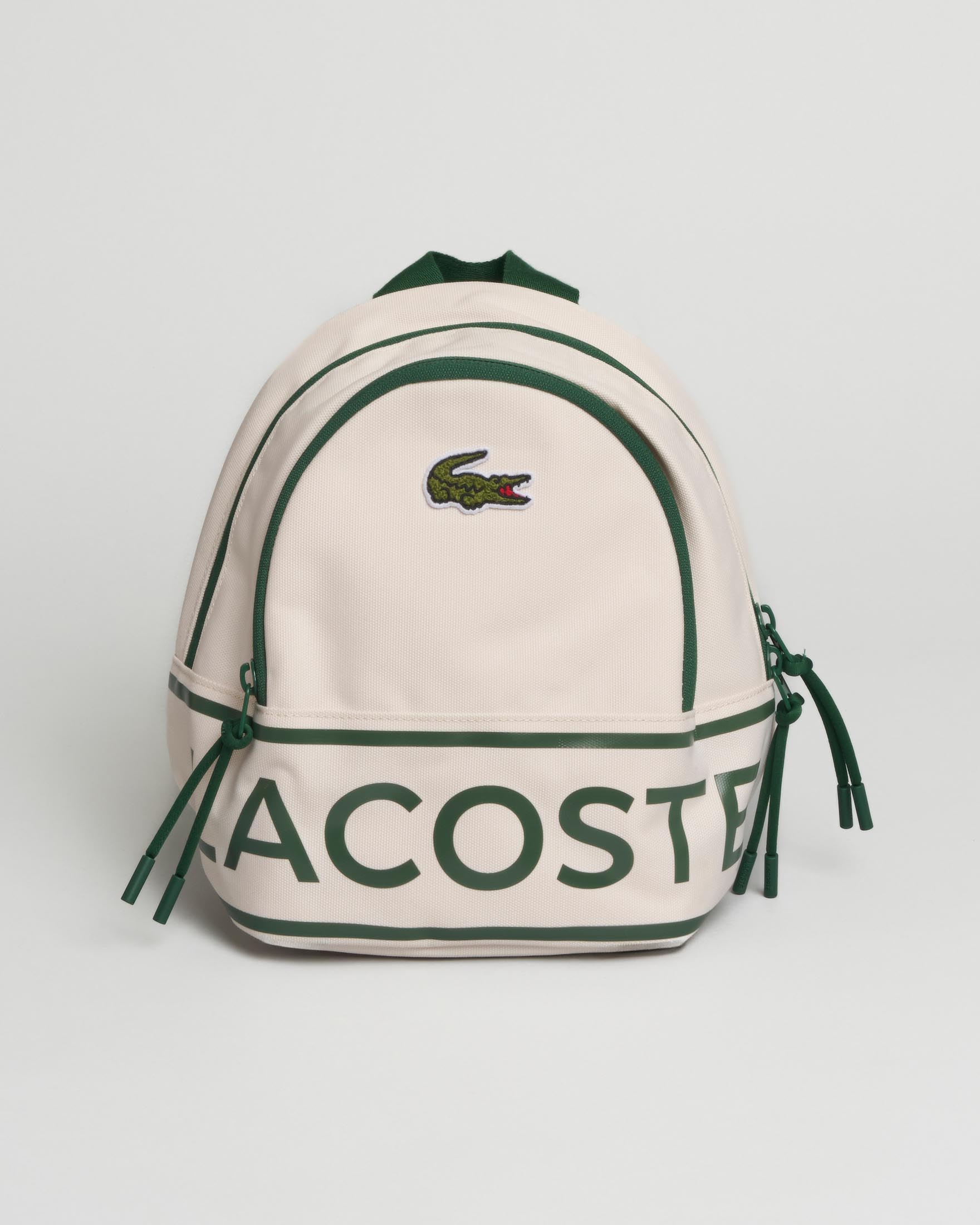Zainetto avorio Lacoste con maxi scritta e logo in contrasto colore
