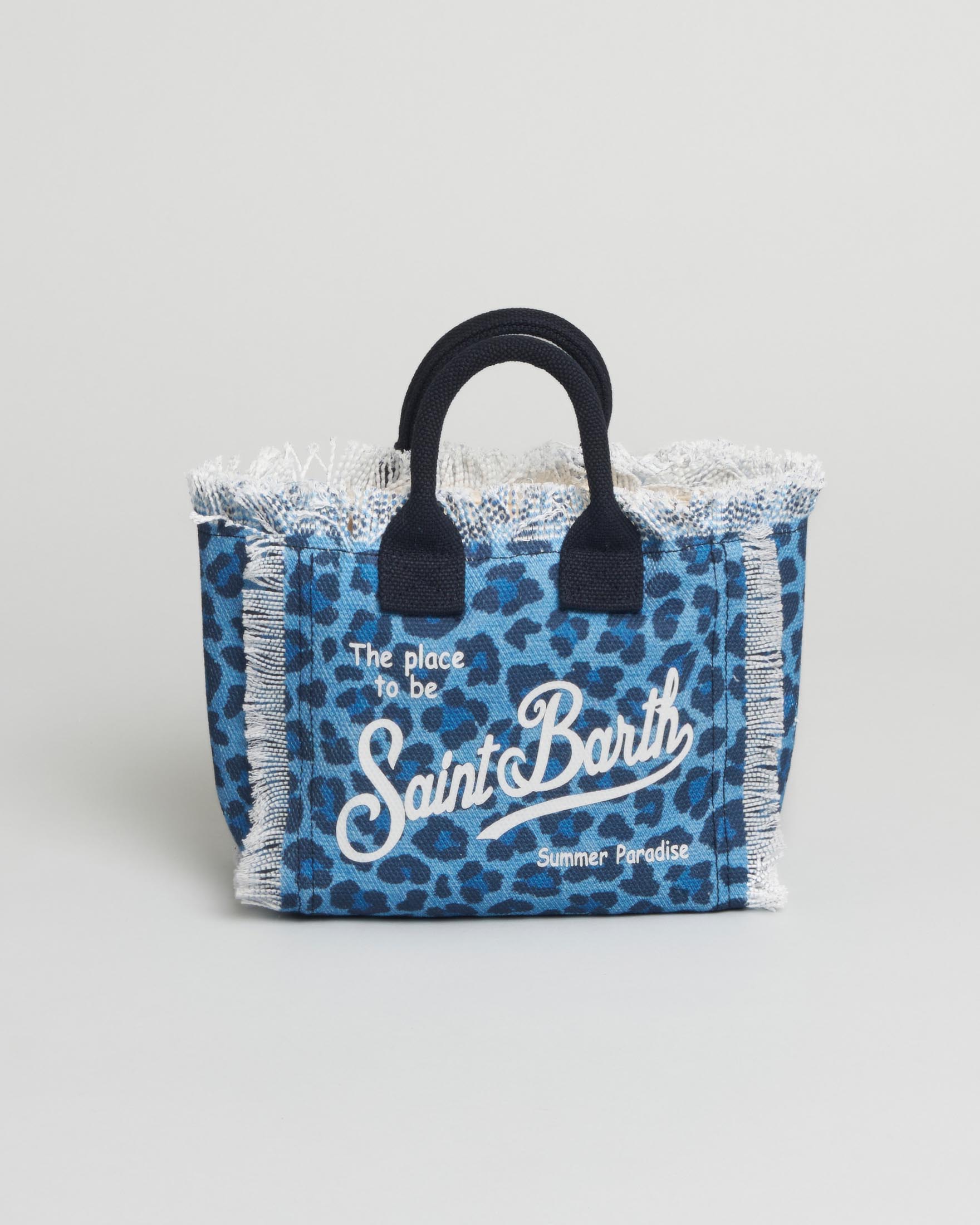 Mini Vanity MC2 Saint Barth in cotone leopardata blu e denim con frange e scritta logo bianca
