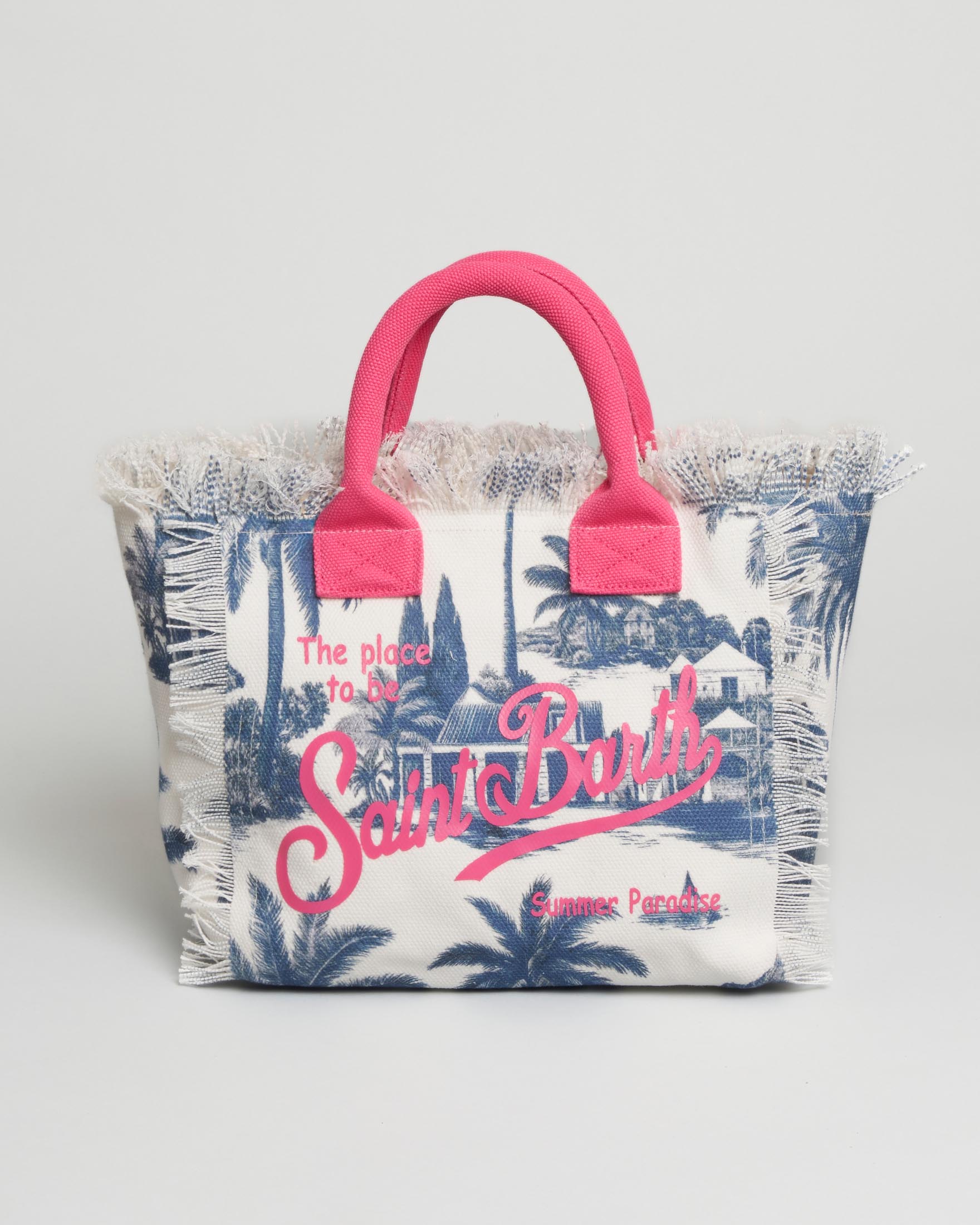 Colette MC2 Saint Barth in cotone bianca con fantasia palme e scritta logo fucsia