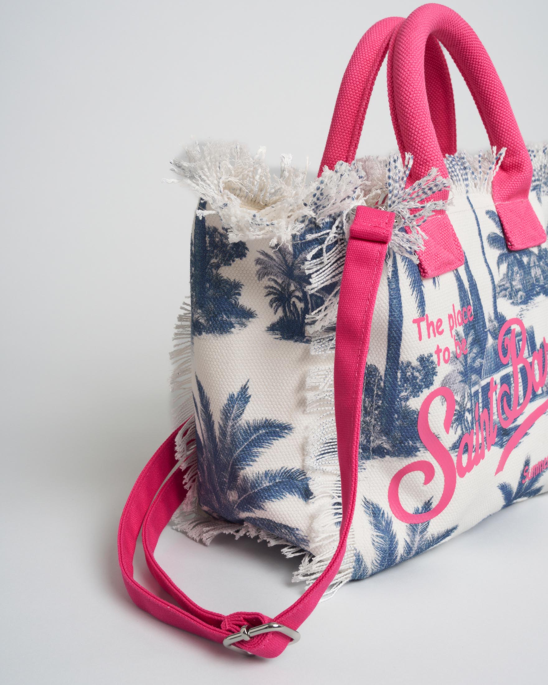 Colette MC2 Saint Barth in cotone bianca con fantasia palme e scritta logo fucsia image