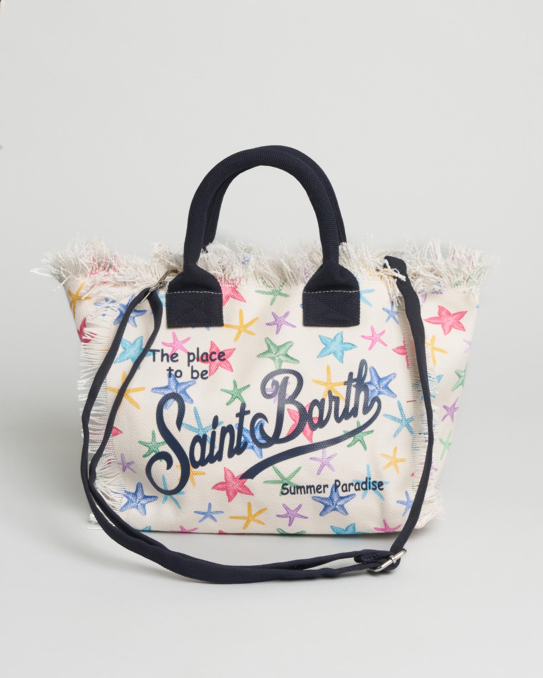 Colette MC2 Saint Barth in cotone bianca con fantasia stelle multicolor e scritta logo blu