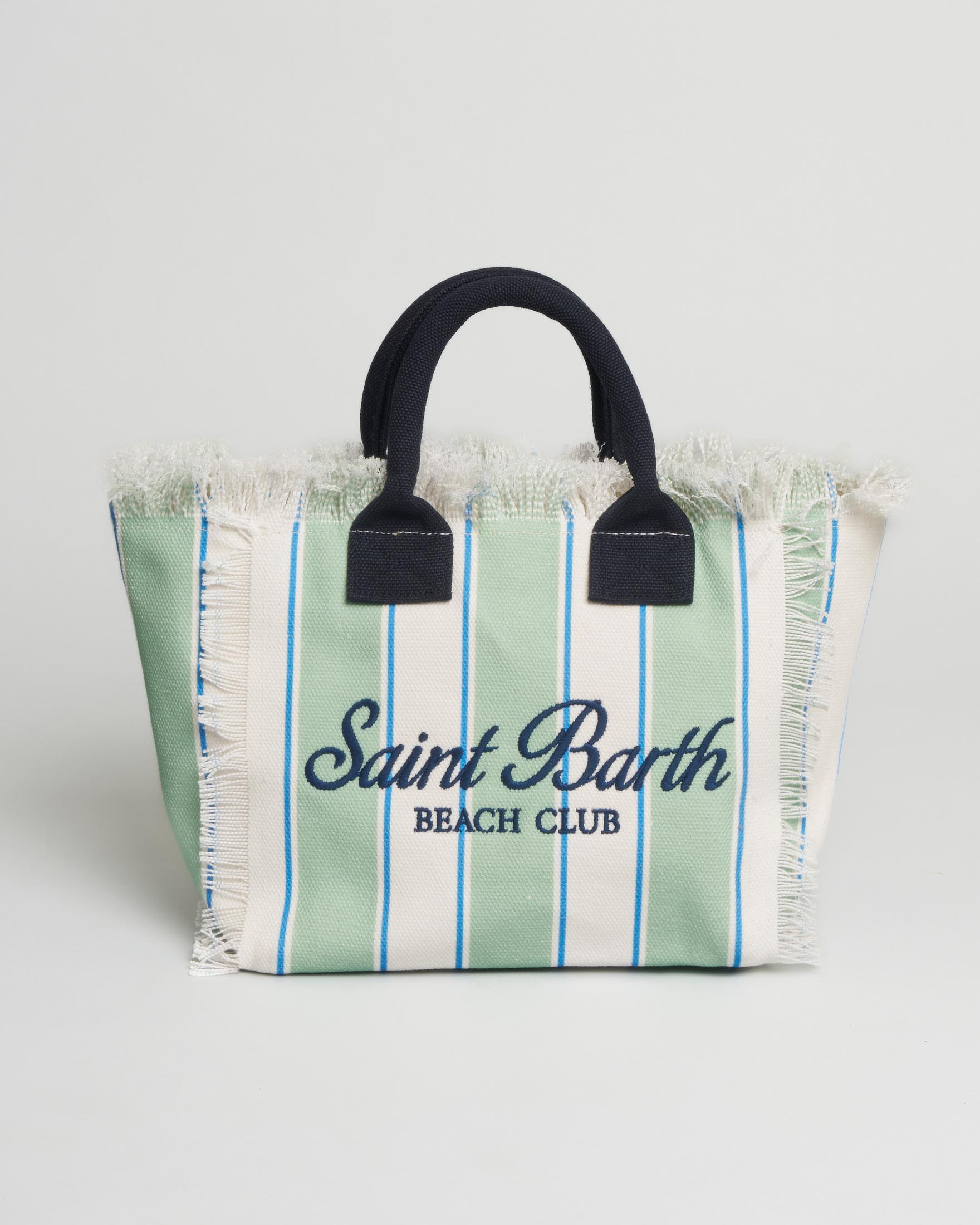 Colette MC2 Saint Barth in cotone a righe verde acqua e bianco con frange e scritta logo blu