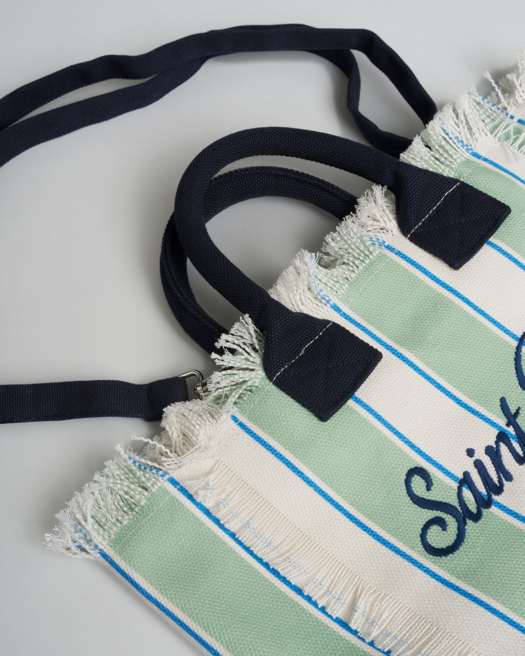 Colette MC2 Saint Barth in cotone a righe verde acqua e bianco con frange e scritta logo blu image