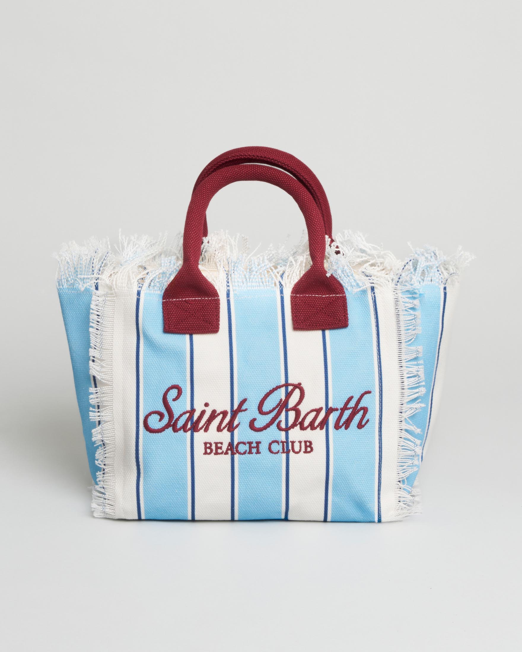 Colette MC2 Saint Barth in cotone a righe azzurre e bianche con frange e scritta logo bordeaux