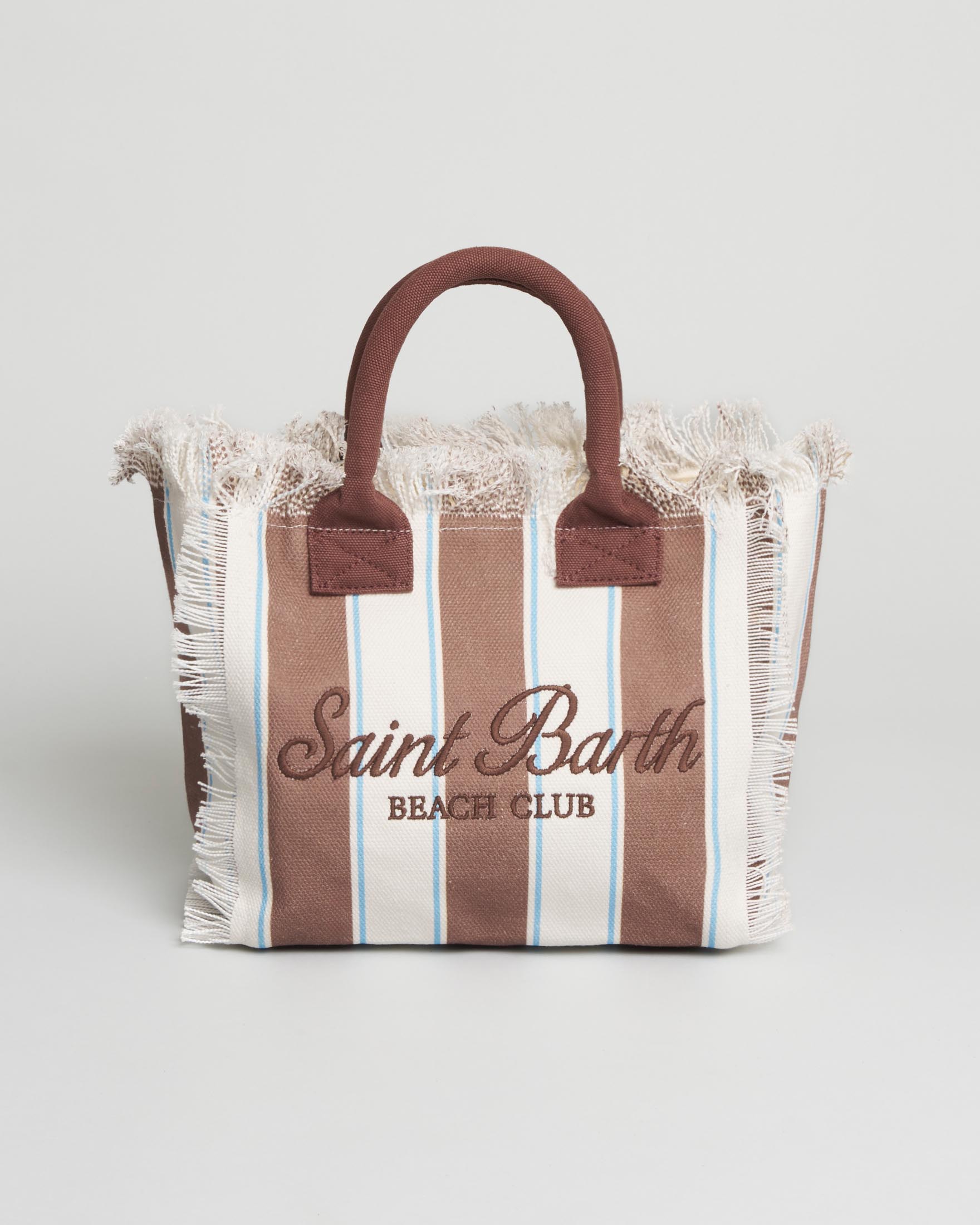 Colette MC2 Saint Barth in cotone a righe beige e bianche con frange e scritta logo marrone