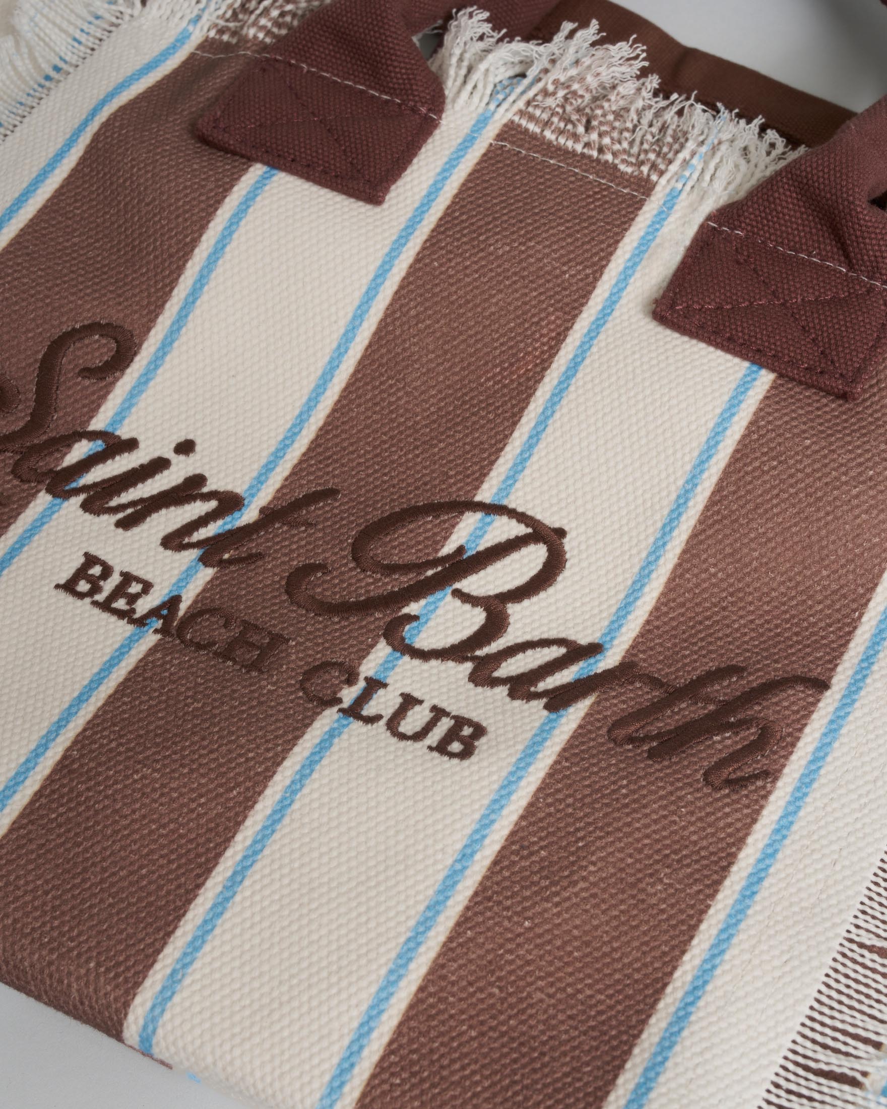 Colette MC2 Saint Barth in cotone a righe beige e bianche con frange e scritta logo marrone image