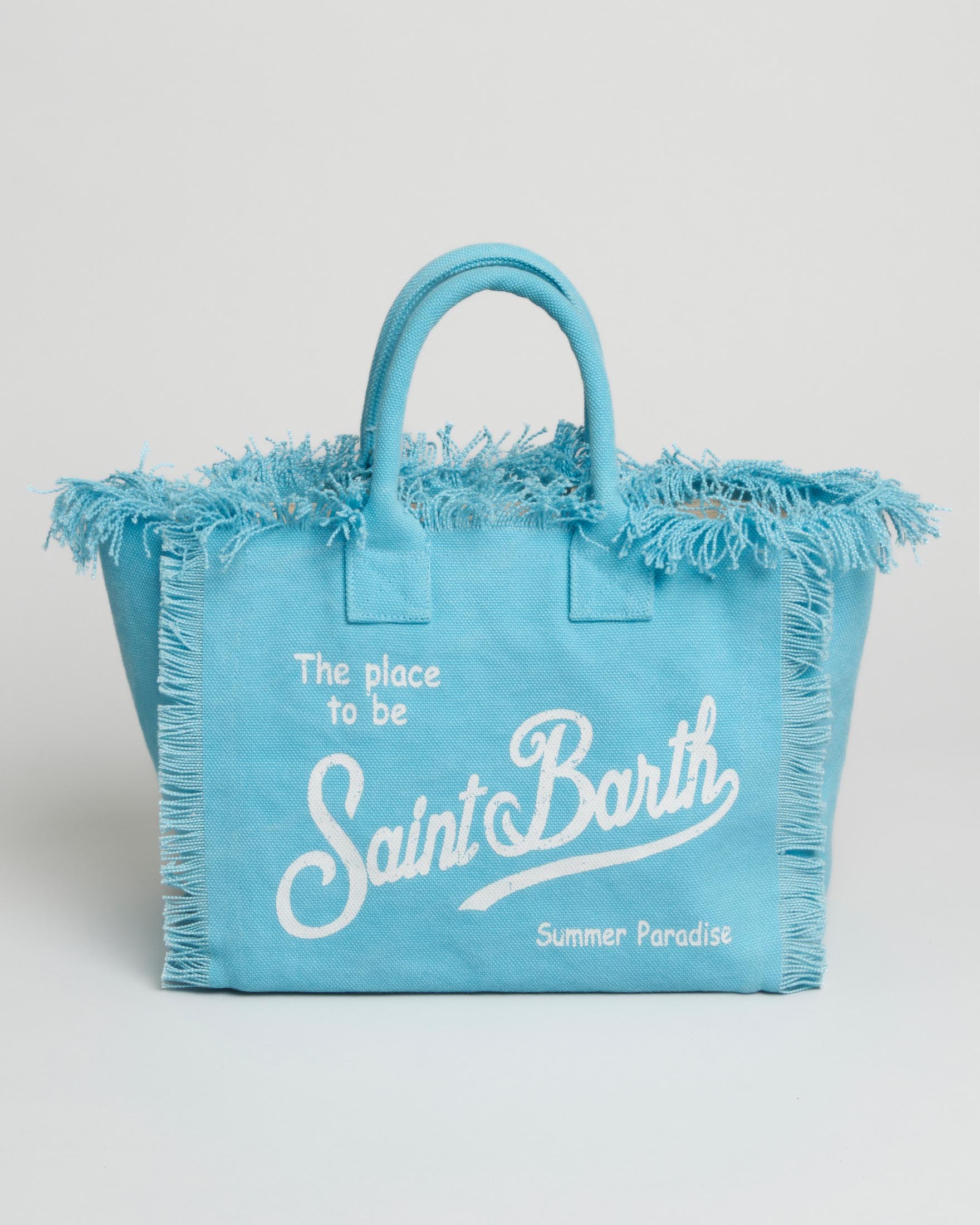 Colette MC2 Saint Barth azzurra di cotone con frange e scritta logo bianca