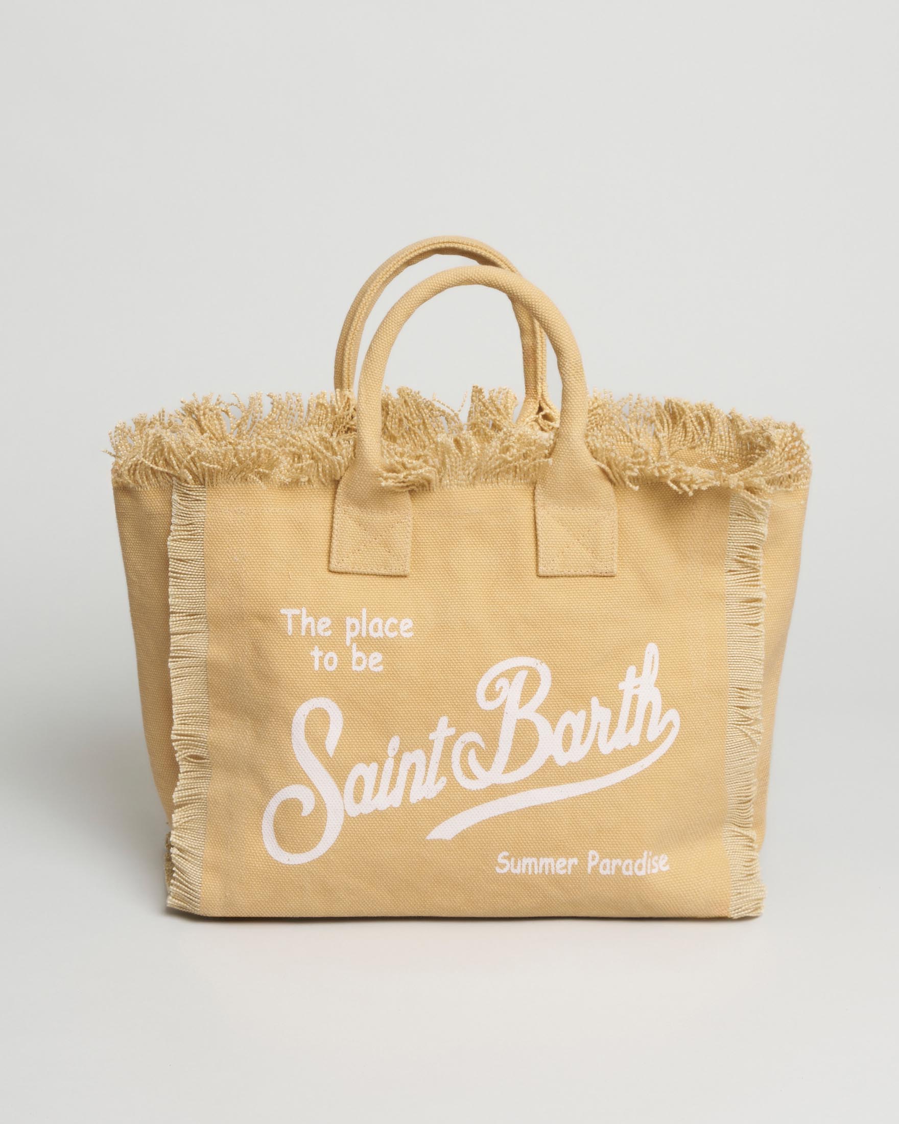 Colette beige di cotone con frange e scritta logo bianca