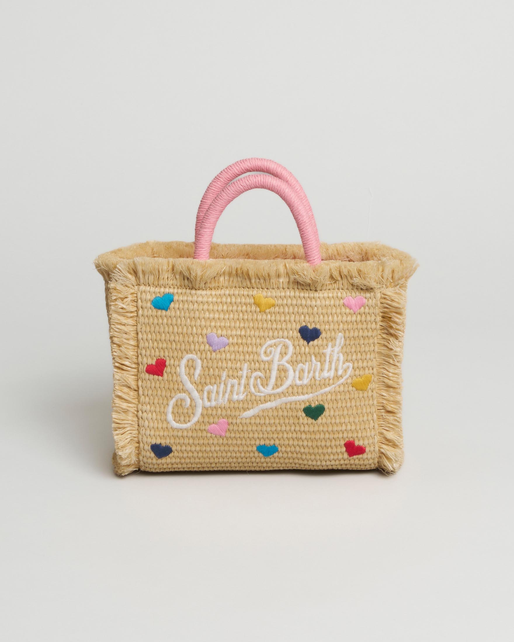 Vanity mini in rafia con cuori multicolor all over con tracolla