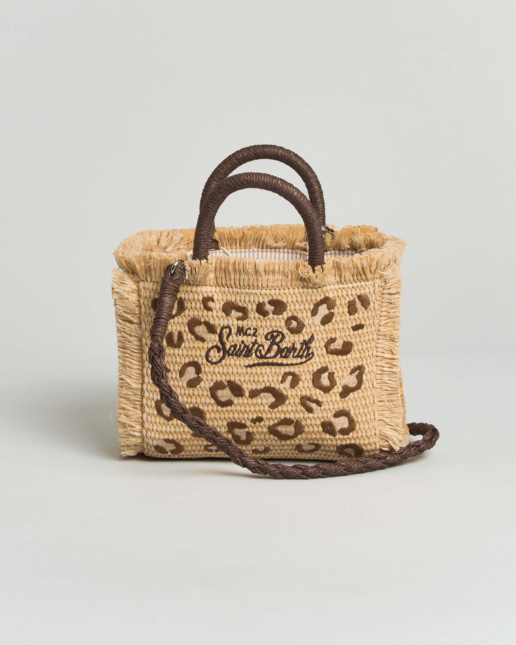 Borsa Vanity mini MC2 Saint Barth effetto paglia con ricamo leopardato