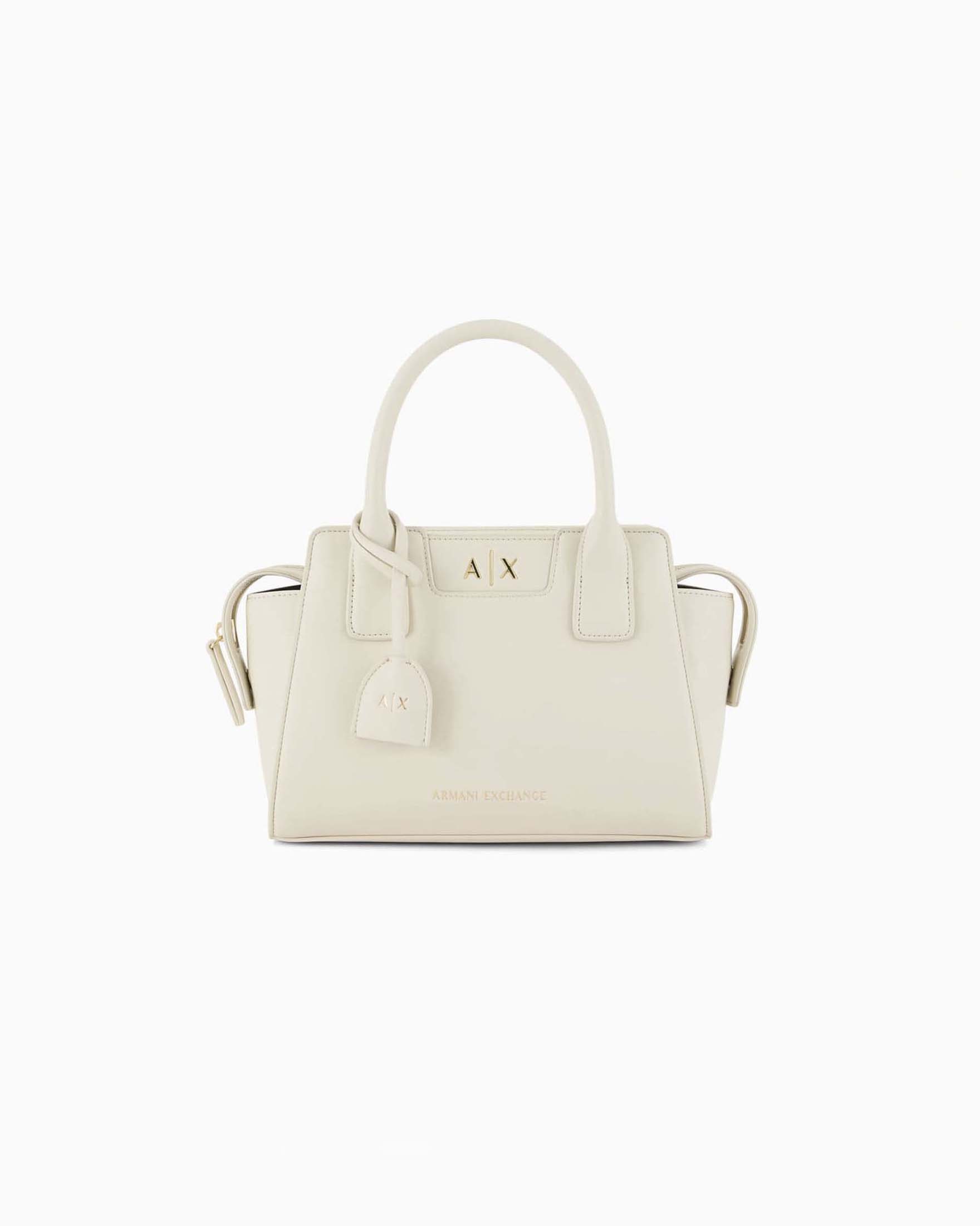 Borsa a mano piccola Armani Exchange bianca a trapezio in similpelle con tracolla removibile
