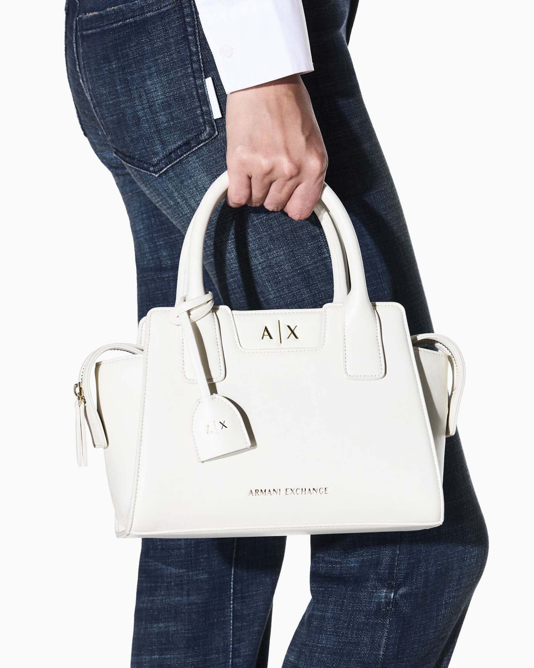 Borsa a mano piccola Armani Exchange bianca a trapezio in similpelle con tracolla removibile image