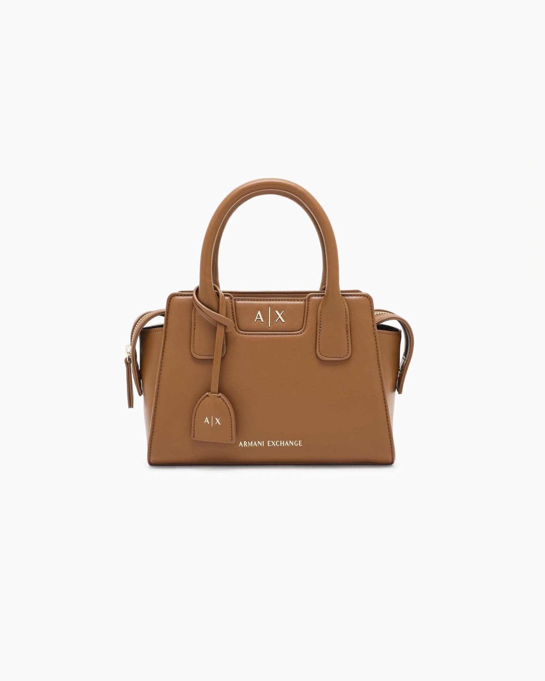 Borsa a mano piccola Armani Exchange color cuoio a trapezio in similpelle con tracolla removibile
