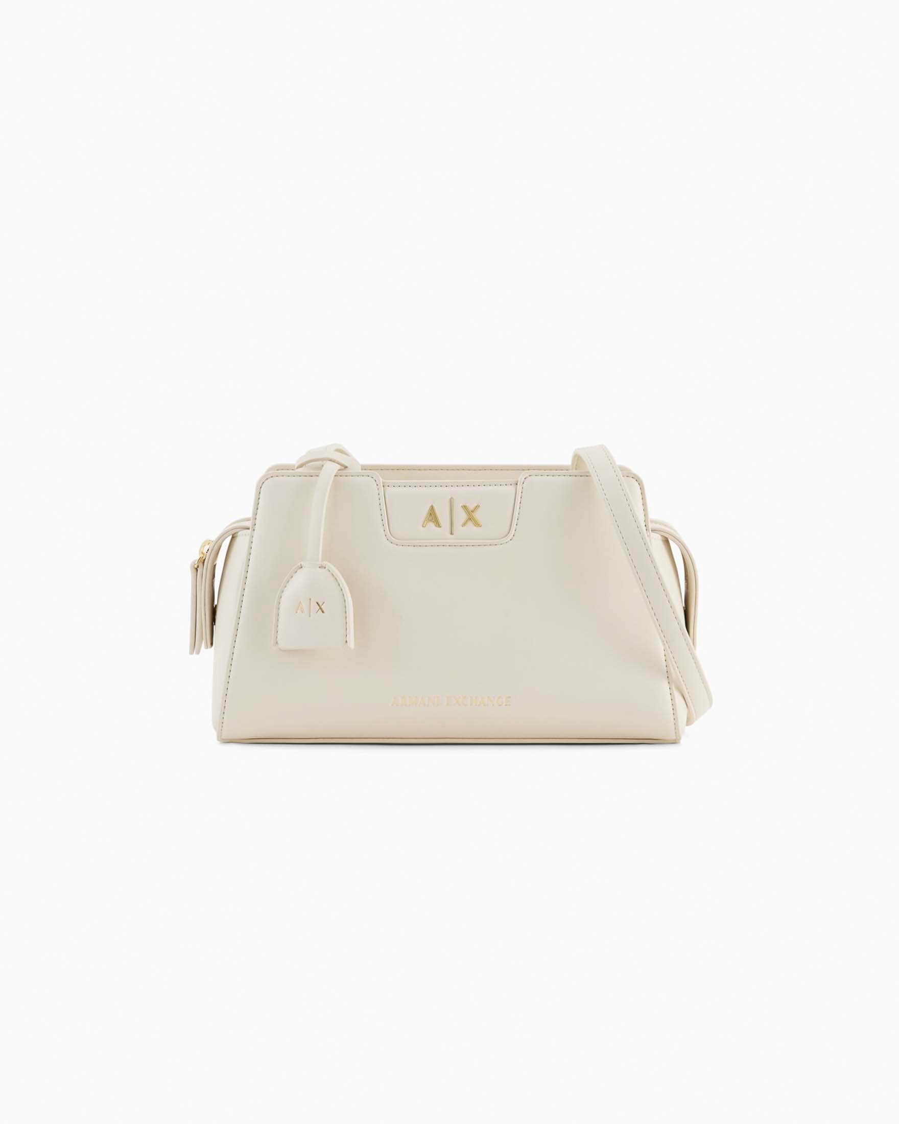 Borsa a tracolla piccola Echange bianca in similpelle liscia con logo in metallo applicato