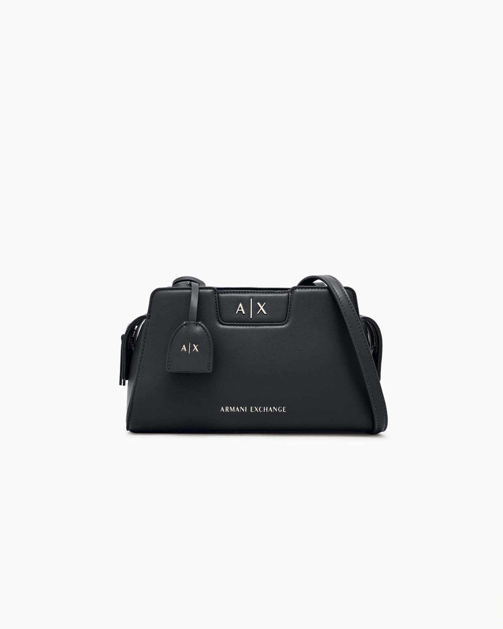 Borsa a tracolla piccola Armani Echange nera in similpelle liscia con logo in metallo applicato