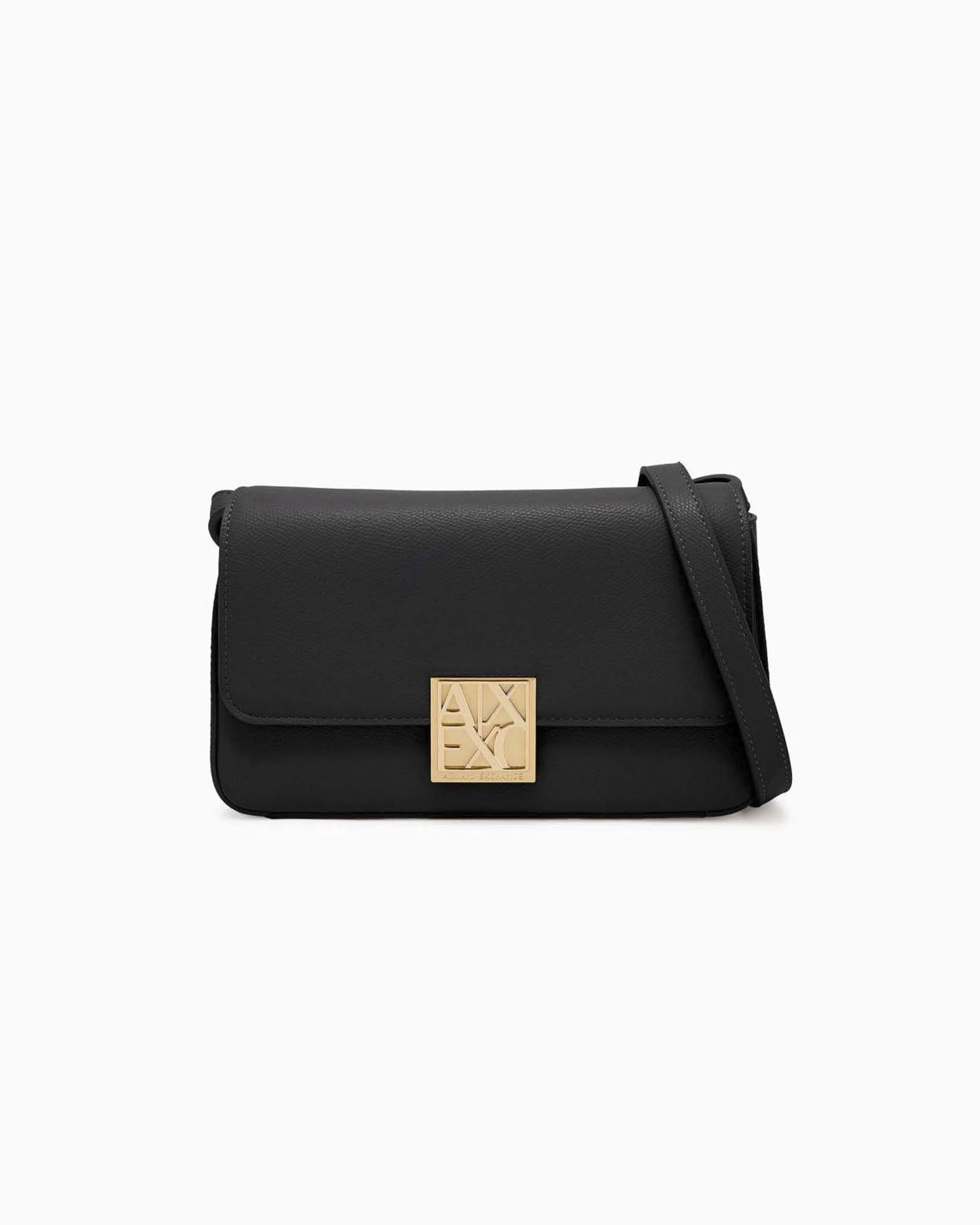 Mini tracolla Armani Exchange nera effetto saffiano con placca logo dorata e chiusura con patta