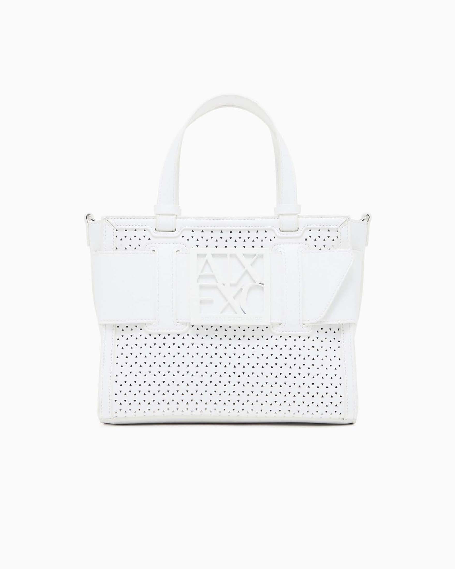 Borsa shopper piccola Armani Exchange bianca in tessuto traforato con fascia logo