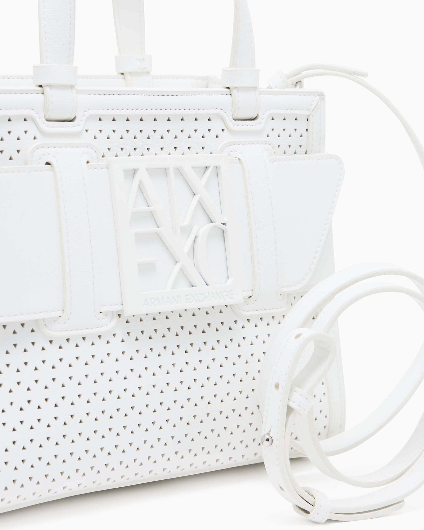 Borsa shopper piccola Armani Exchange bianca in tessuto traforato con fascia logo image