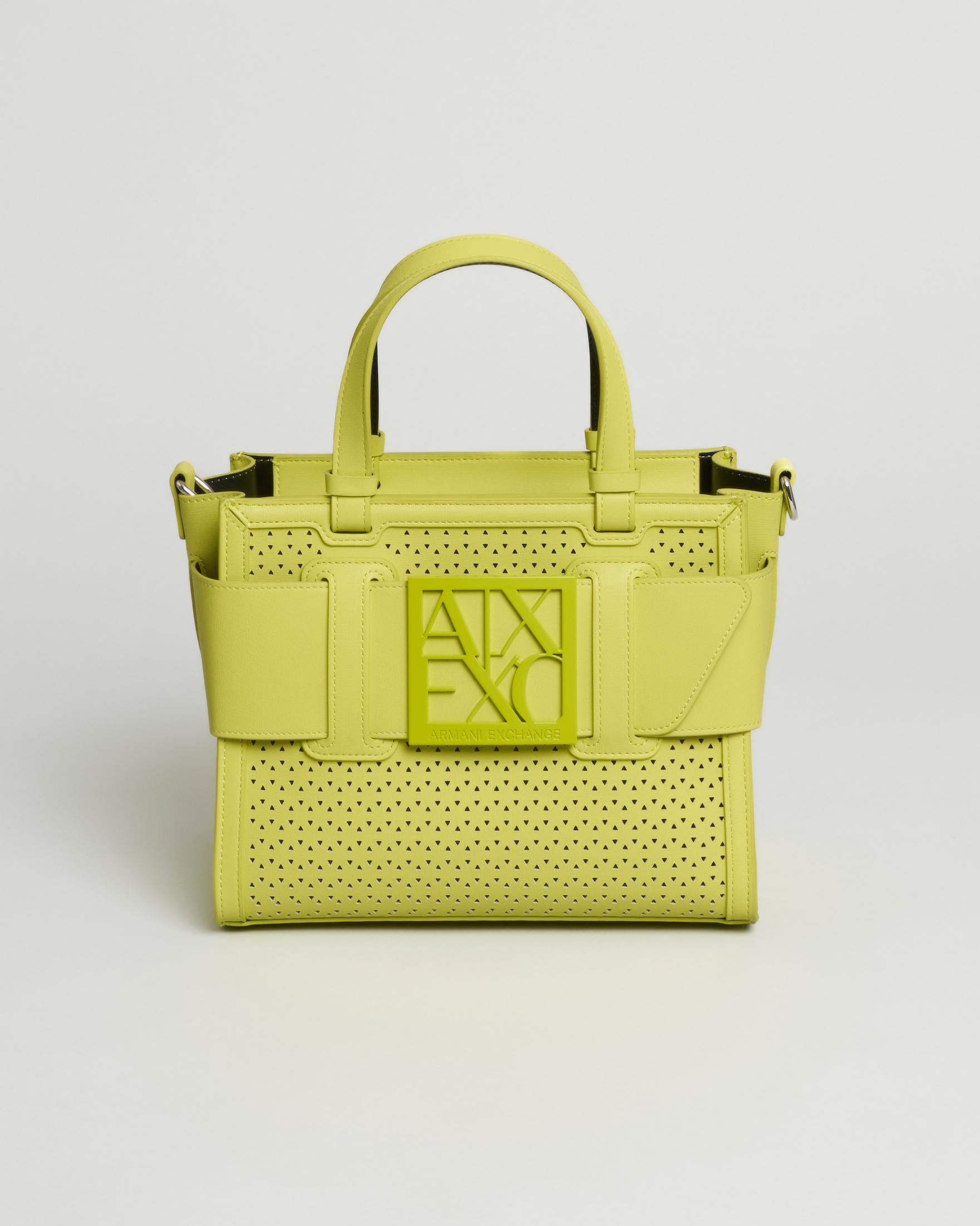 Borsa shopper piccola Exchange color lime in tessuto traforato con fascia logo