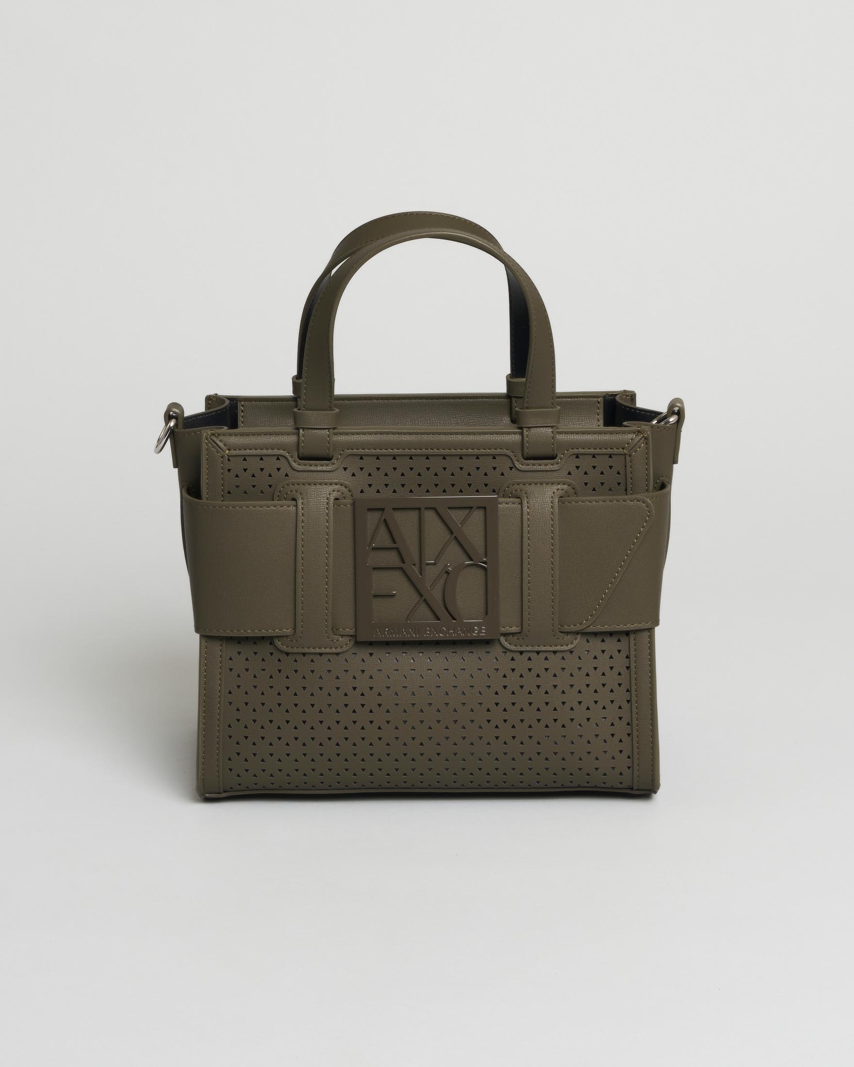 Borsa shopper piccola Armani Exchange verde militare in tessuto traforato con fascia logo