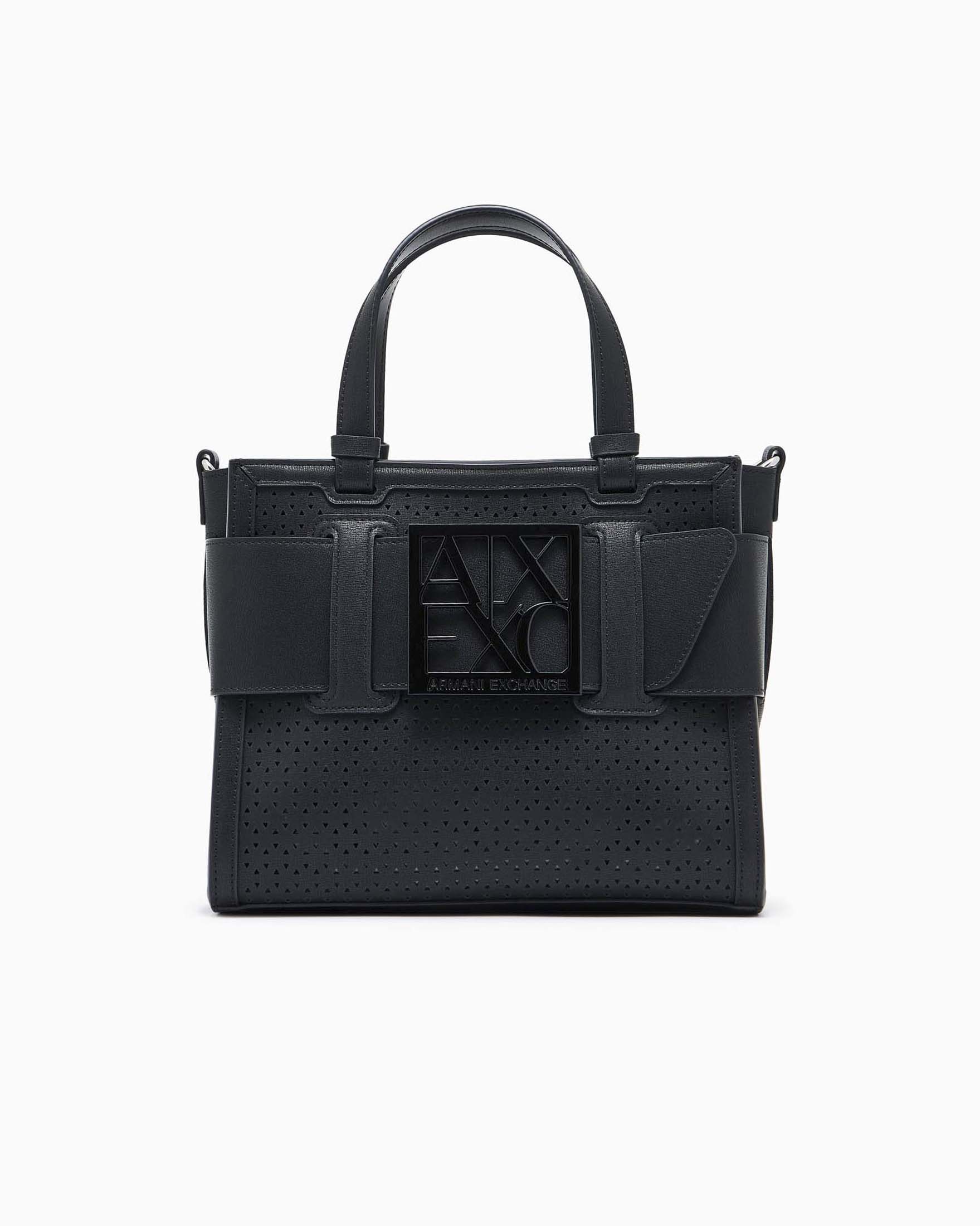 Borsa shopper piccola Armani Exchange nera in tessuto traforato con fascia logo
