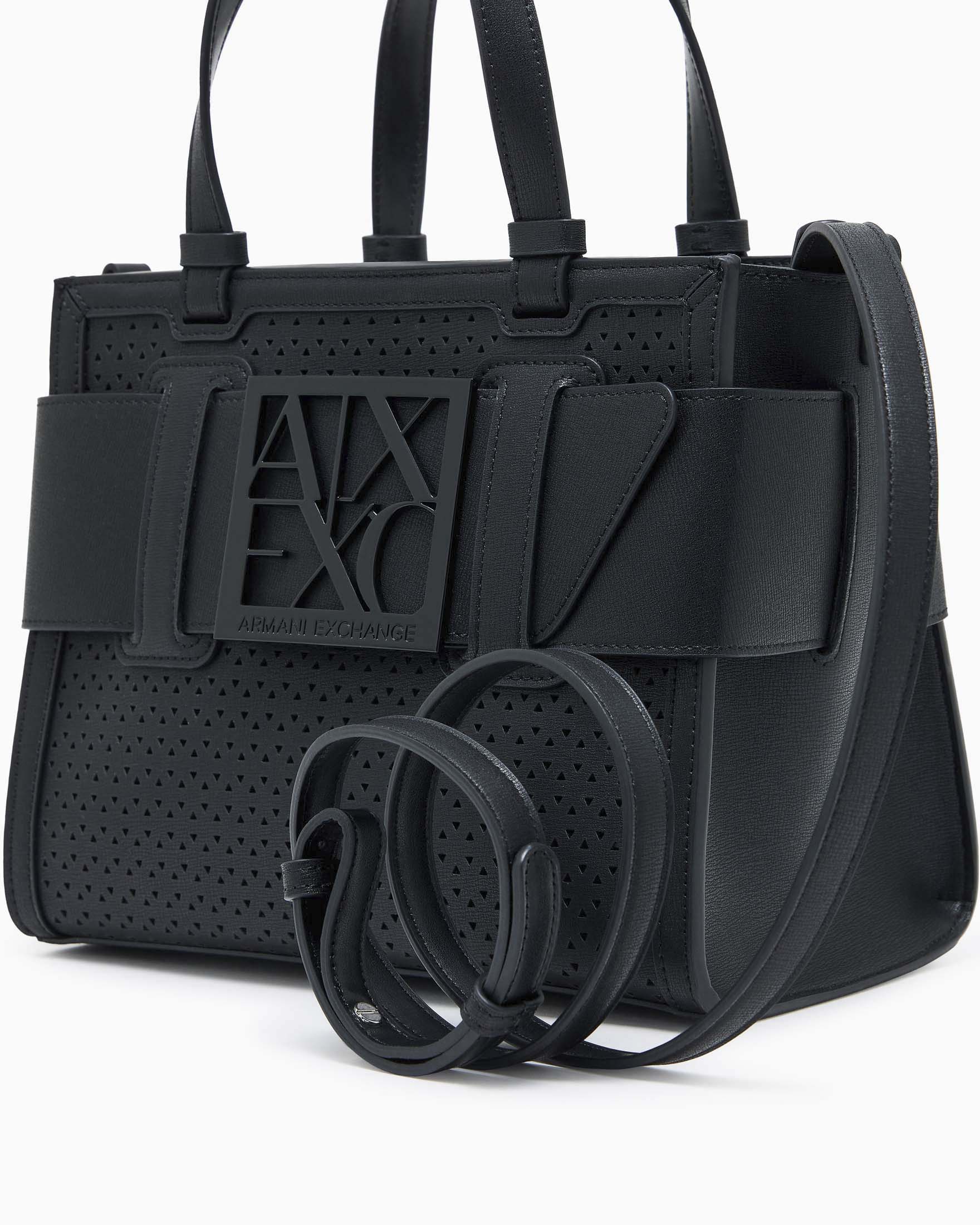 Borsa shopper piccola Armani Exchange nera in tessuto traforato con fascia logo image