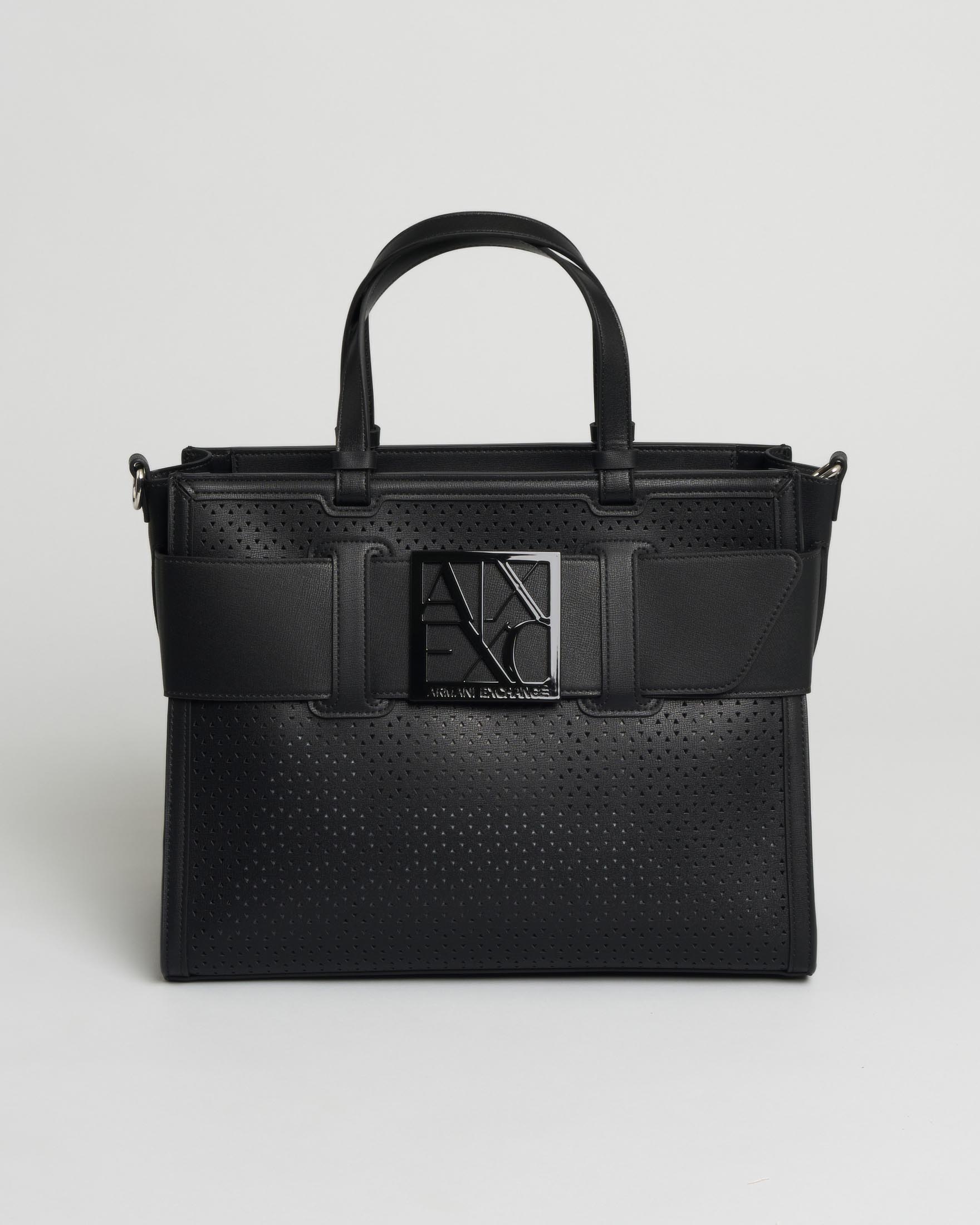 Borsa shopper Exchange nera in similpelle con fascia logo