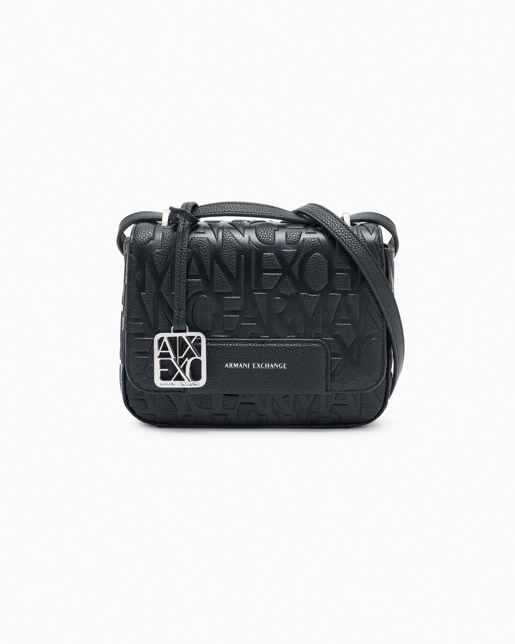 Borsa a tracolla Exchange nera in similpelle con logo all over goffrato e charm argento