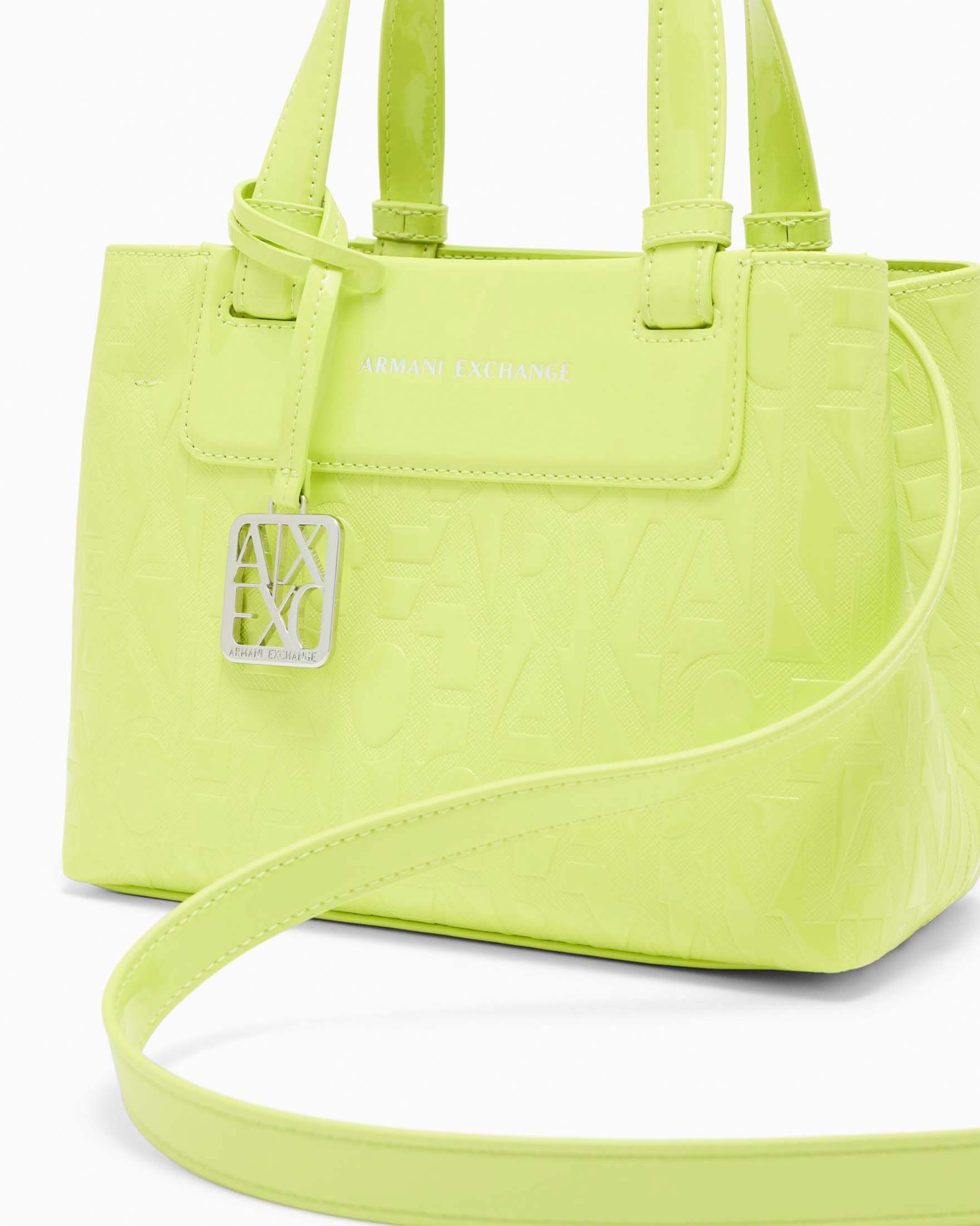Borsa a mano Armani Exchange color lime in similpelle con lettering in rilievo e tracolla removibile image