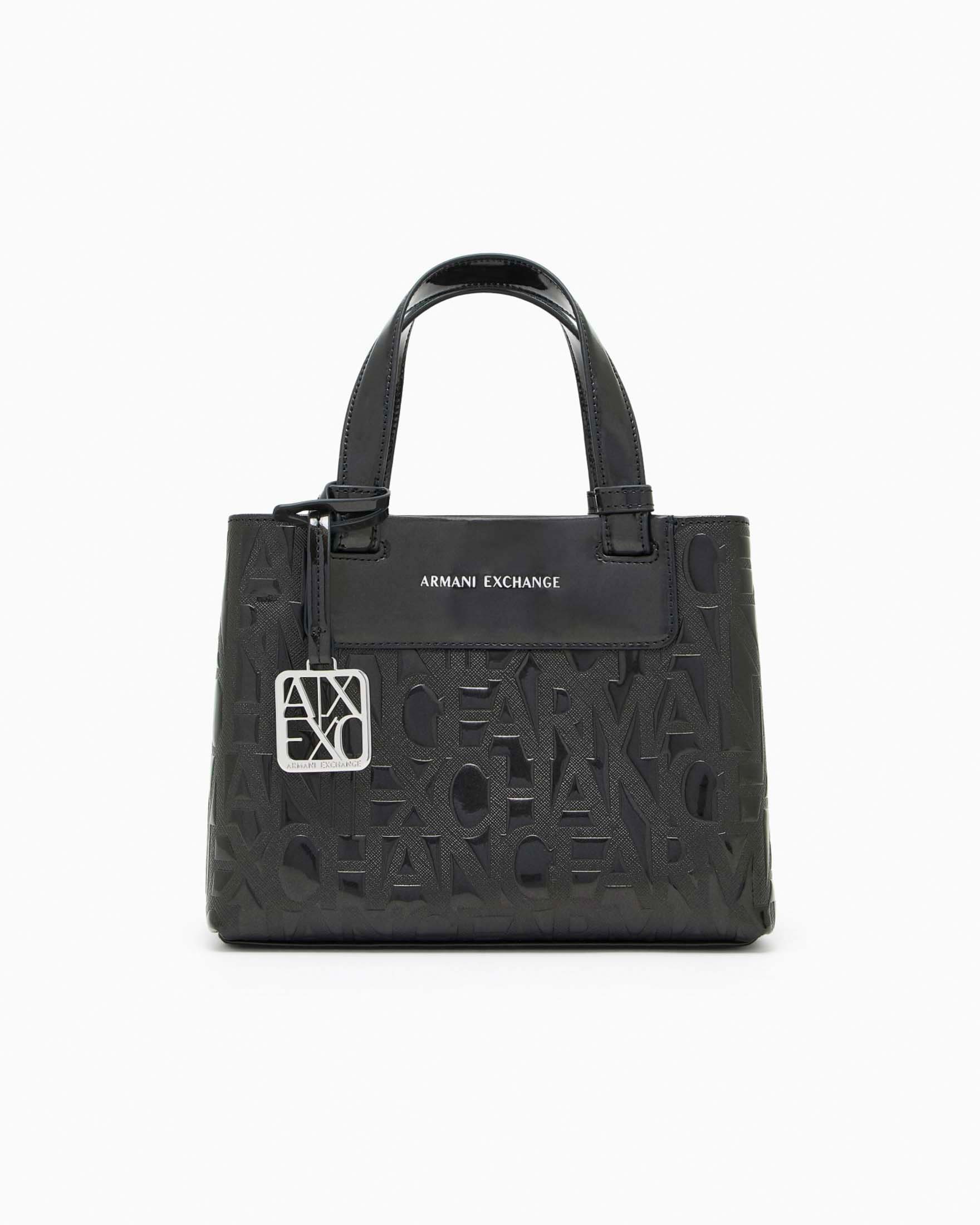 Borsa a mano Armani Exchange nera in similpelle con lettering in rilievo e tracolla removibile