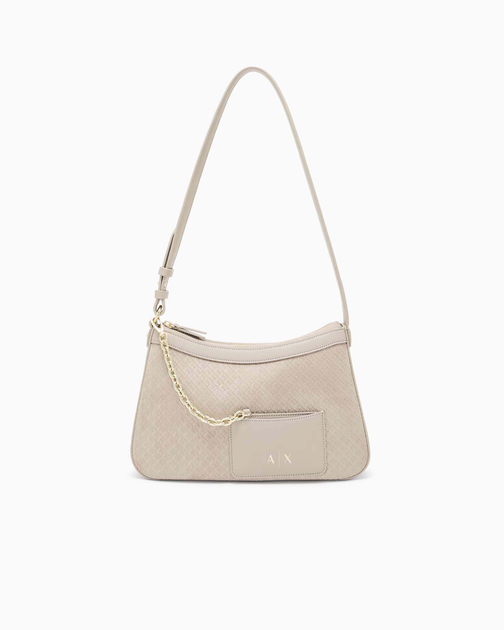 Borsa a spalla Armani Exchange color sabbia in similpelle con logo all over e tasca frontale
