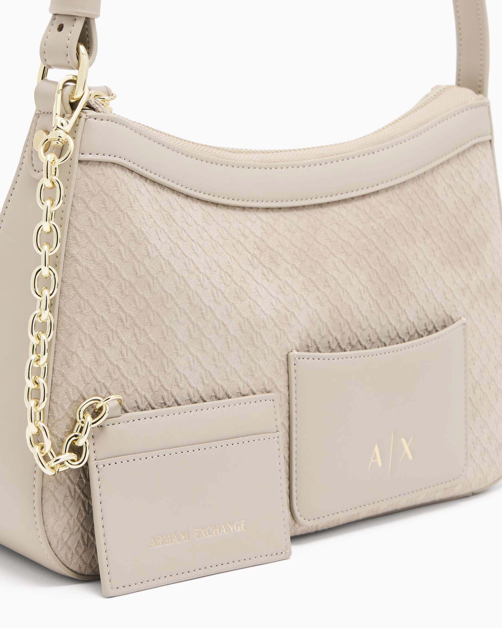 Borsa a spalla Armani Exchange color sabbia in similpelle con logo all over e tasca frontale image
